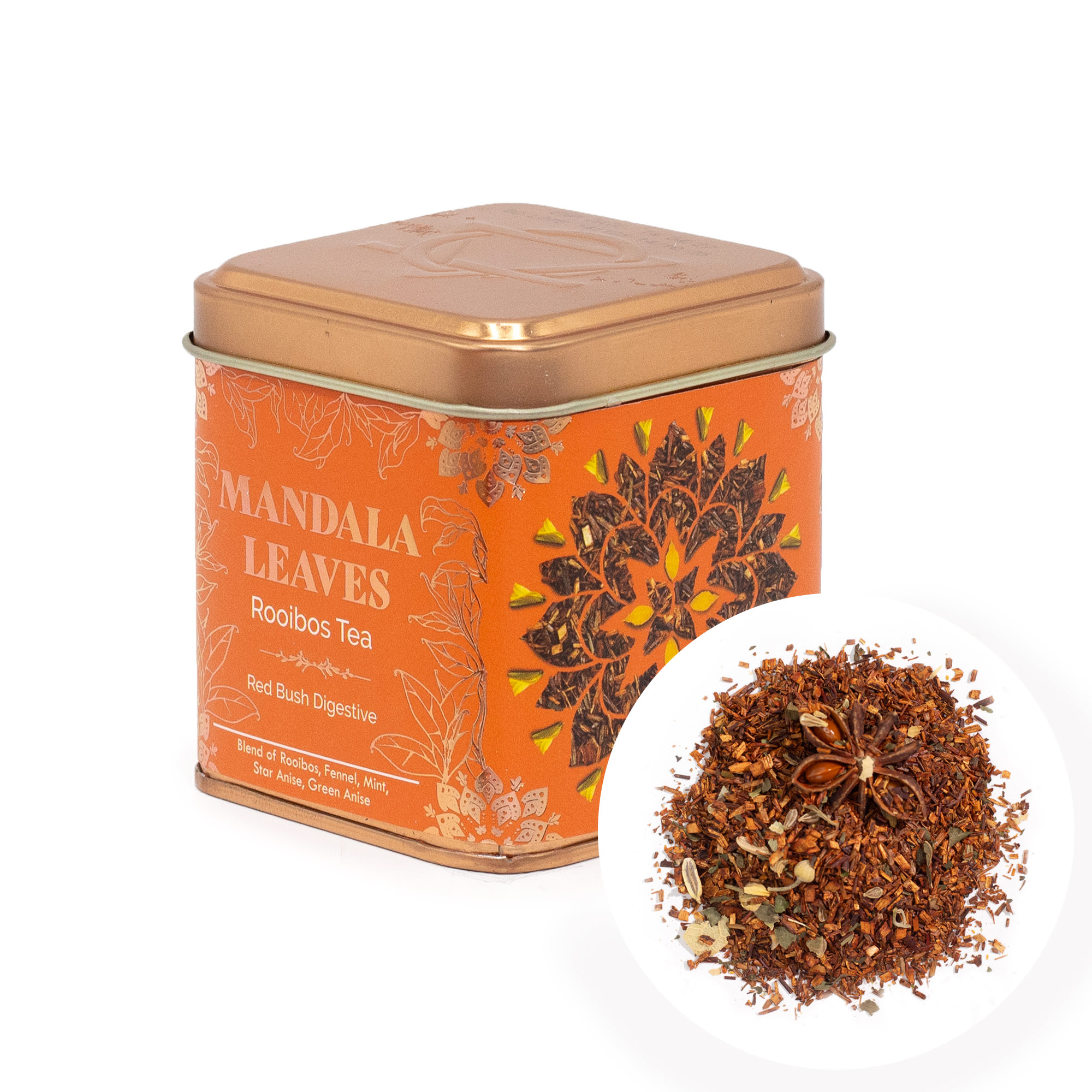 Mandala Leaves Red Bush Digestive – Rooibos, Fennel & Mint Herbal Tea (50g Tin)