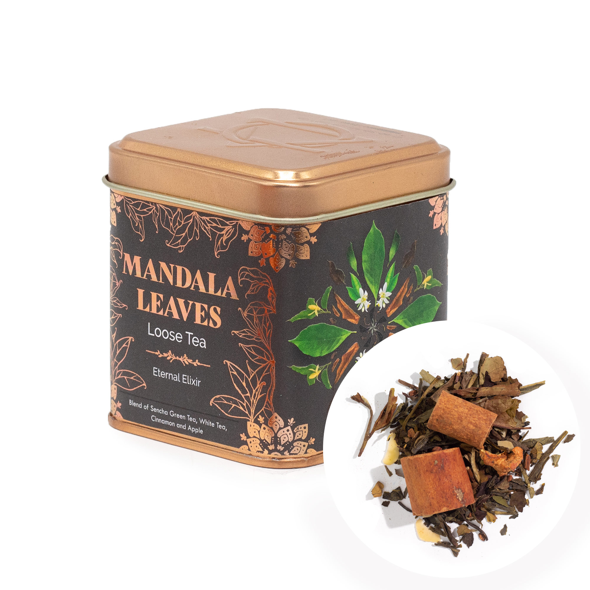 Mandala Leaves Eternal Elixir – Loose Leaf Sencha & White Tea Blend with Cinnamon & Apple (50g Tin)