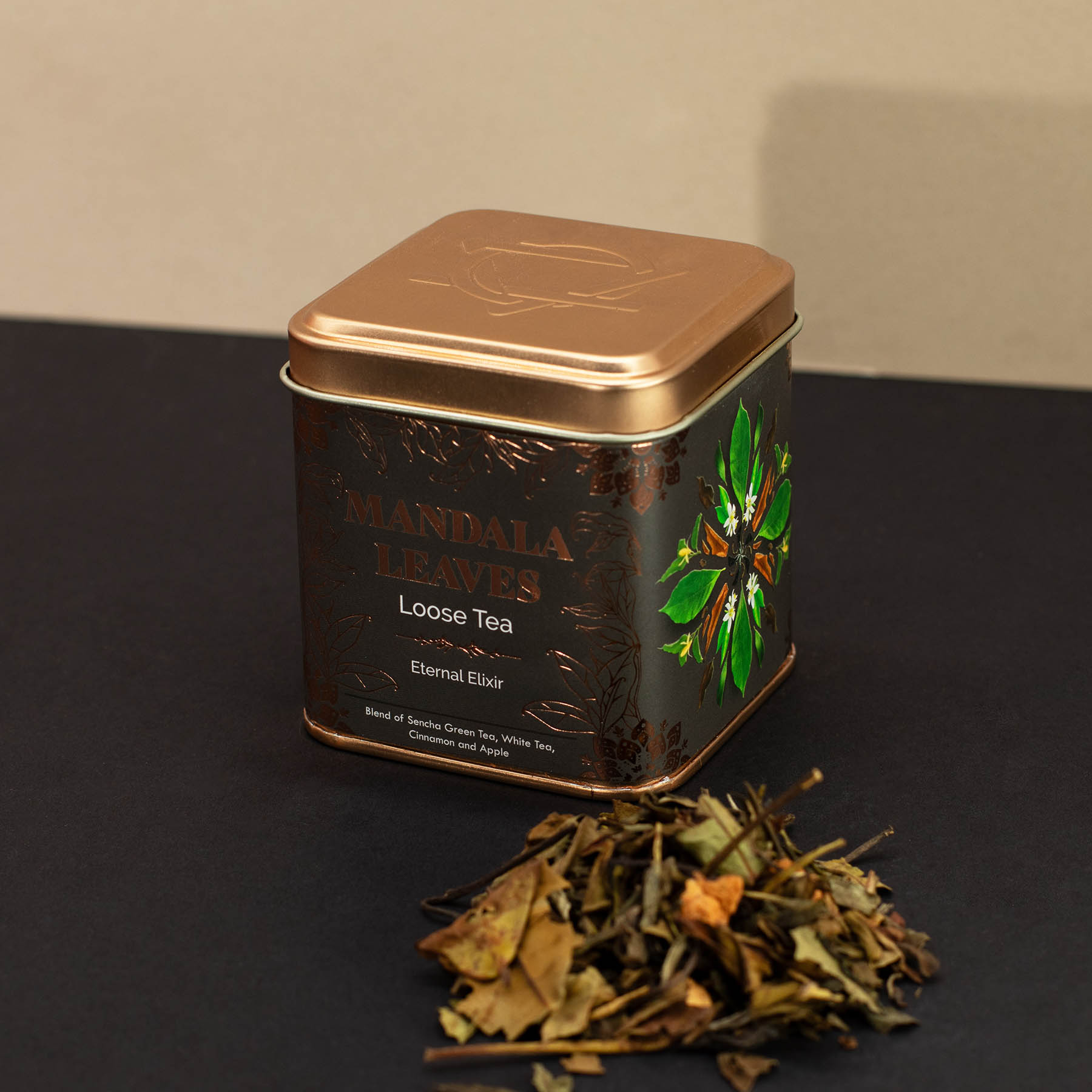 Mandala Leaves Eternal Elixir – Loose Leaf Sencha & White Tea Blend with Cinnamon & Apple (50g Tin)2