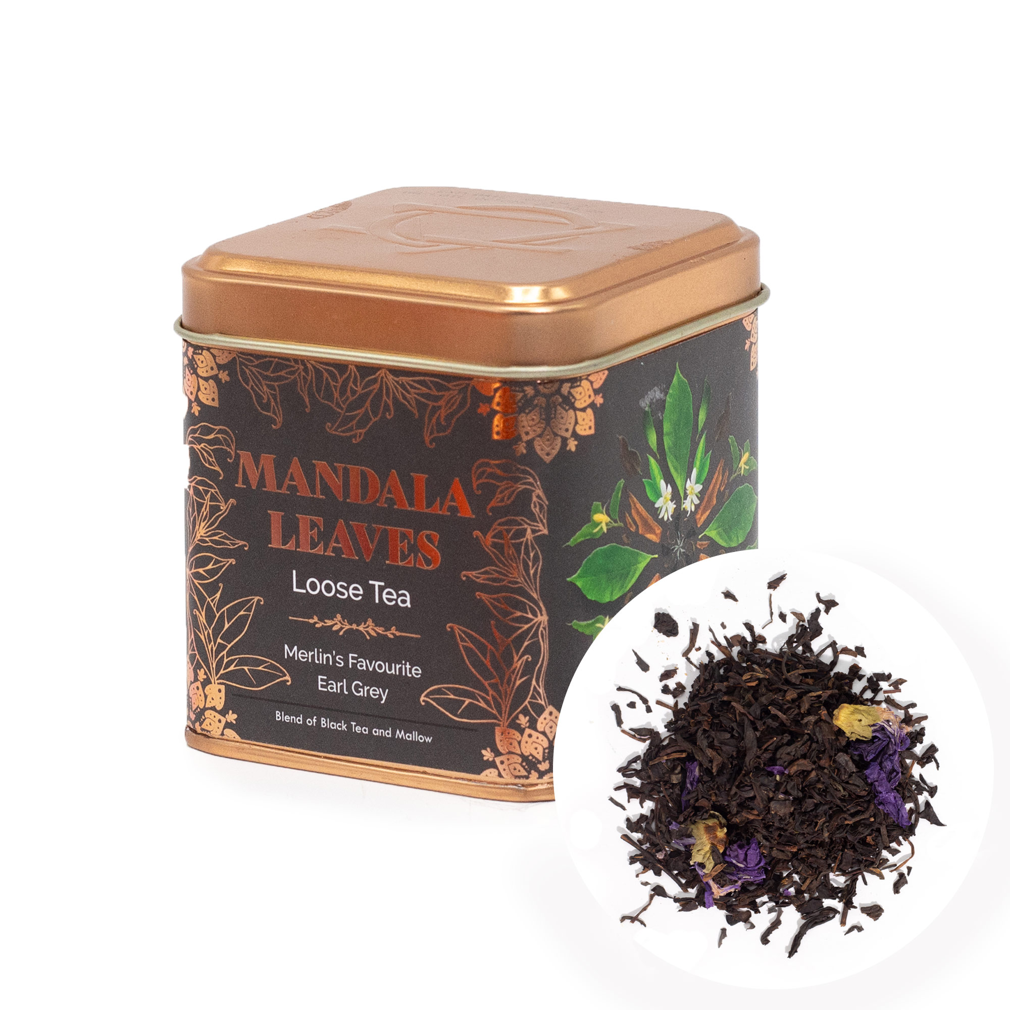 Mandala Leaves Merlin's Favourite Earl Grey – Loose Leaf Black Tea with Mallow Flowers (50g Tin)