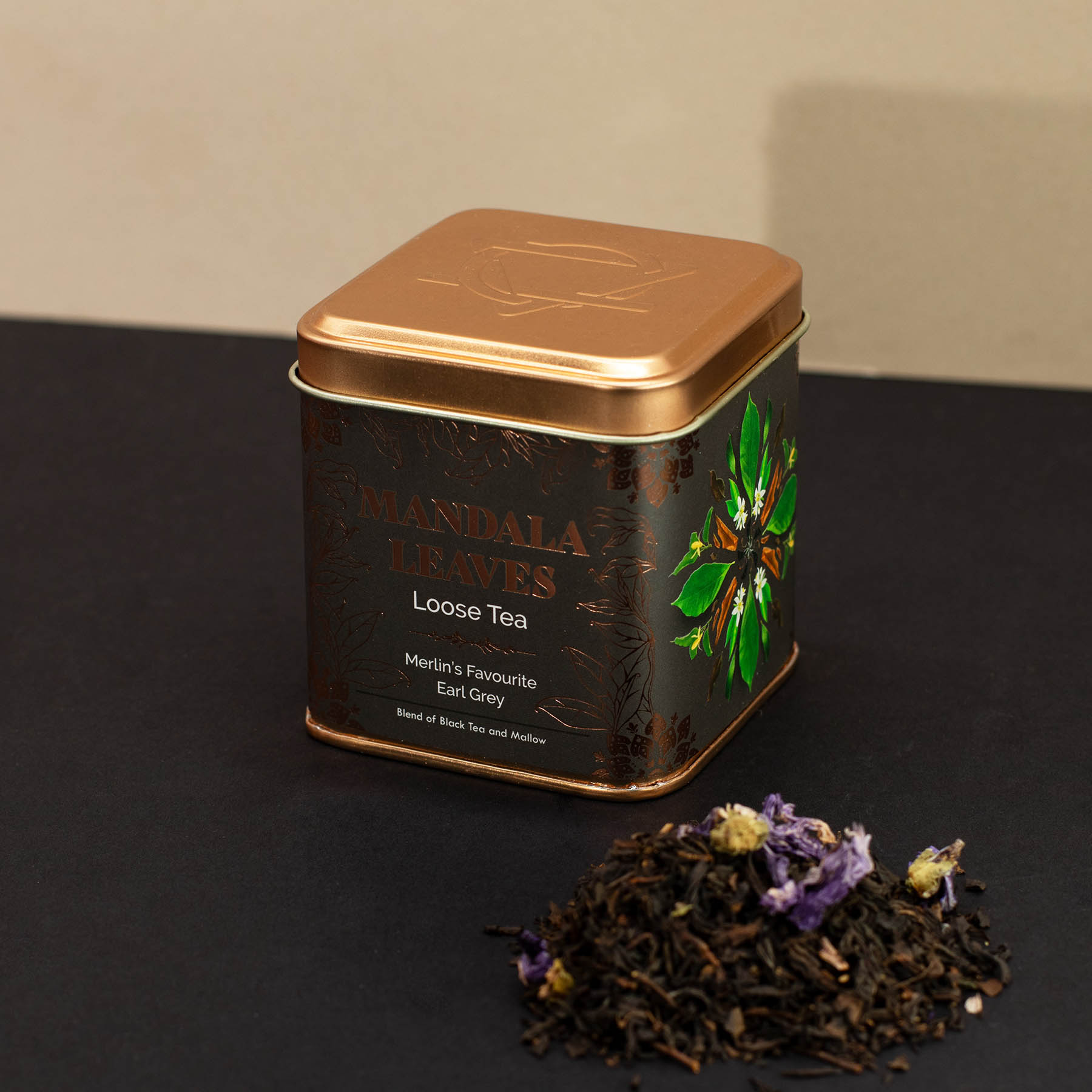 Mandala Leaves Merlin's Favourite Earl Grey – Loose Leaf Black Tea with Mallow Flowers (50g Tin)2