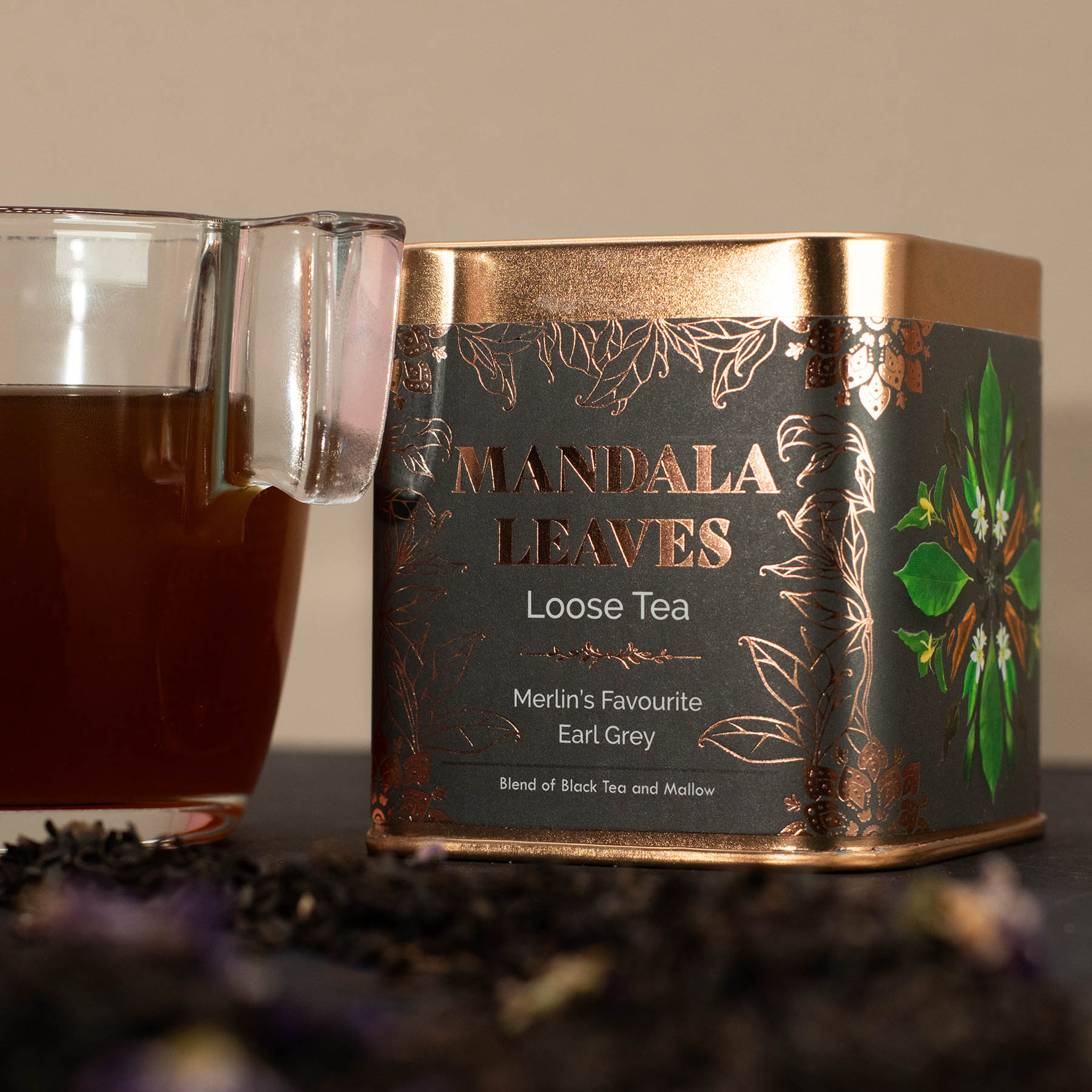Mandala Leaves Merlin's Favourite Earl Grey – Loose Leaf Black Tea with Mallow Flowers (50g Tin)3