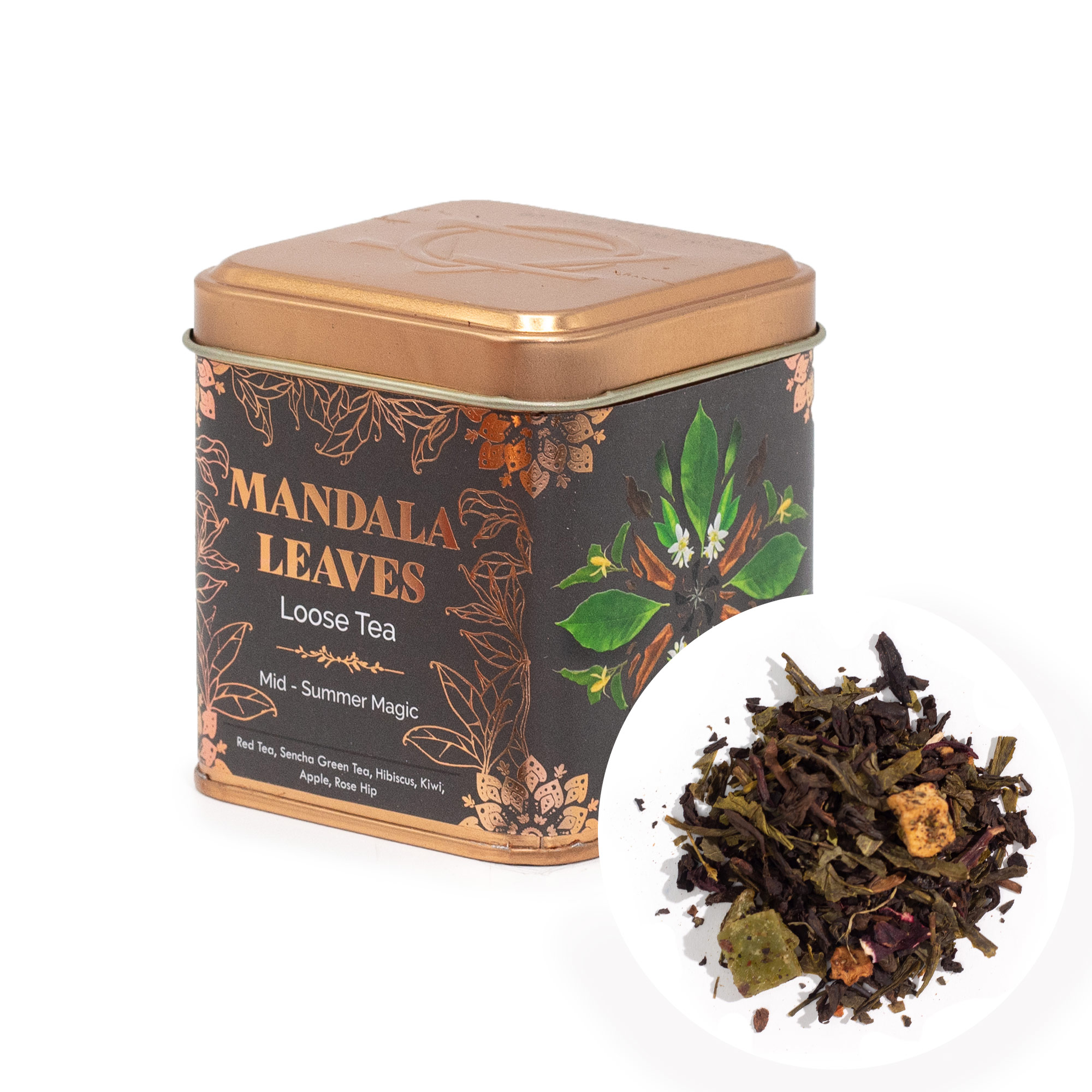 Mandala Leaves Mid-Summer Magic – Loose Leaf Red & Sencha Green Tea Blend (50g Tin)