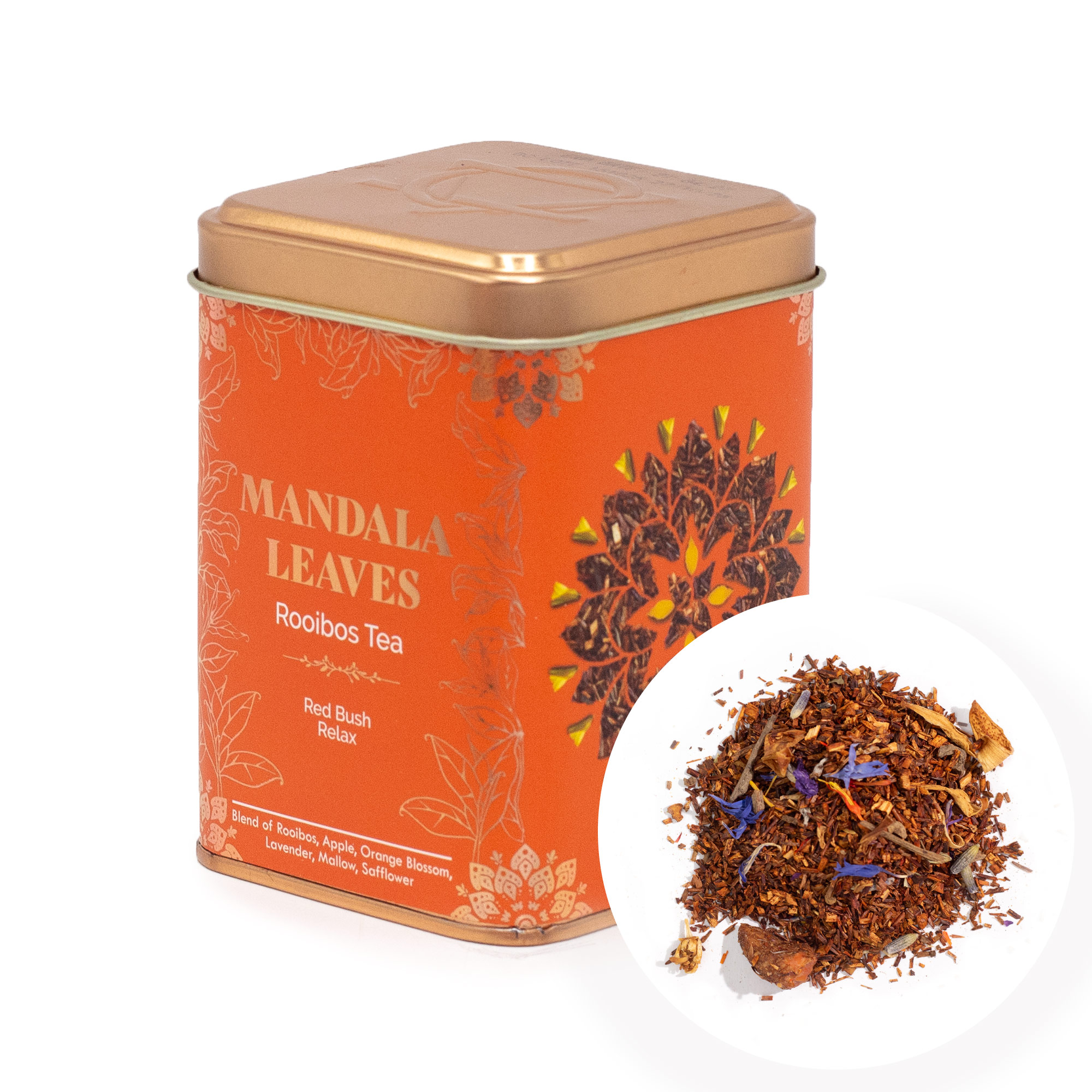 Mandala Leaves Red Bush Relax – Rooibos Herbal Tea Blend with Apple & Lavender (50g Tin)
