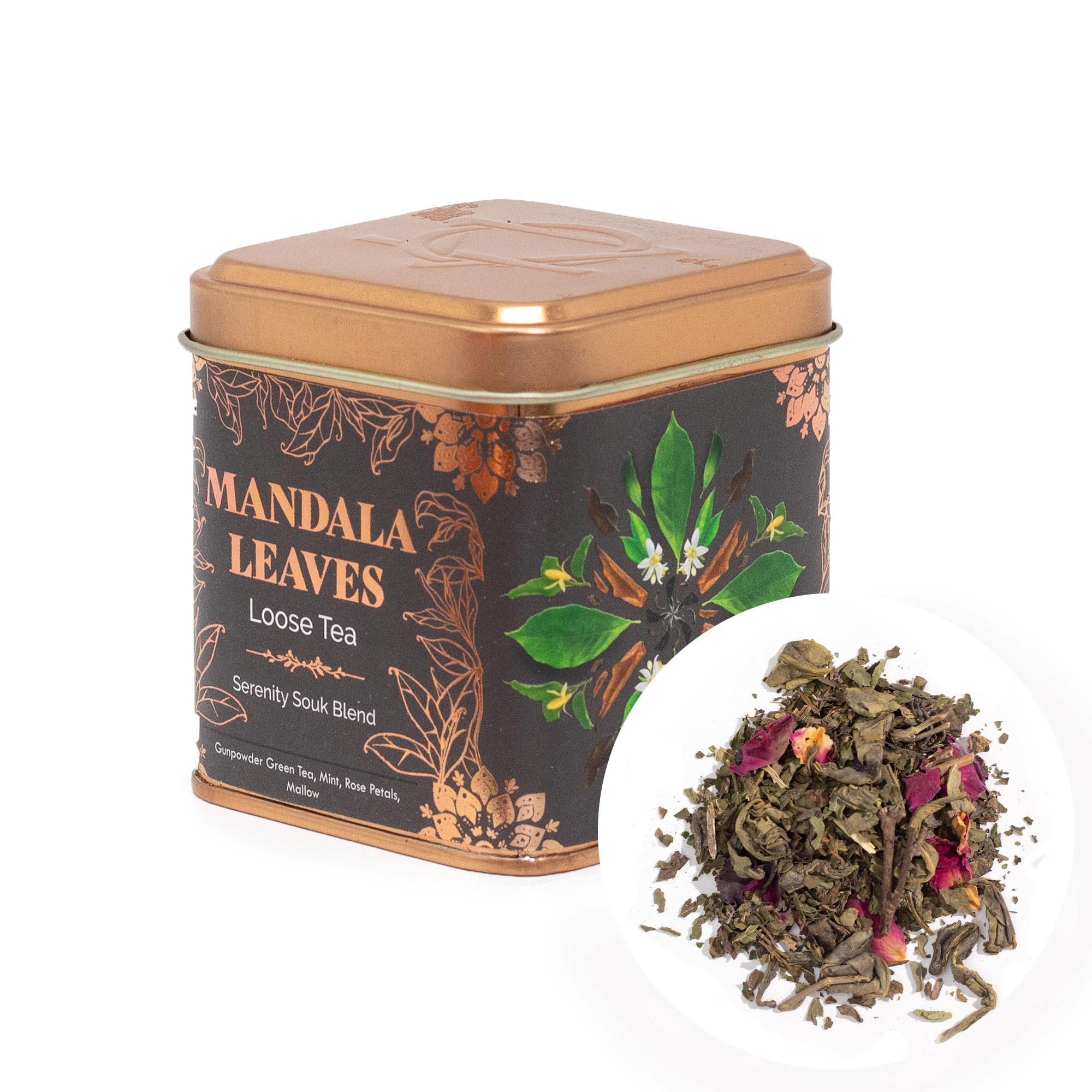 Mandala Leaves Serenity Souk Blend – Loose Leaf Green Tea with Mint, Rose & Mallow (50g Tin)