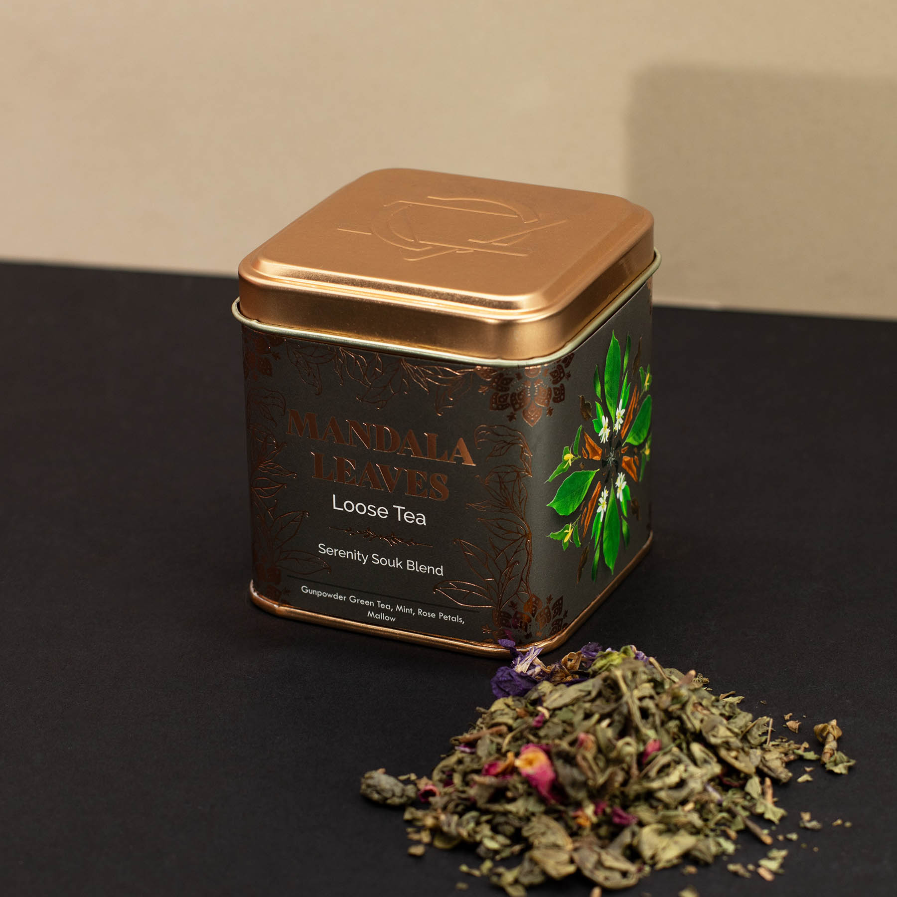 Mandala Leaves Serenity Souk Blend – Loose Leaf Green Tea with Mint, Rose & Mallow (50g Tin)2
