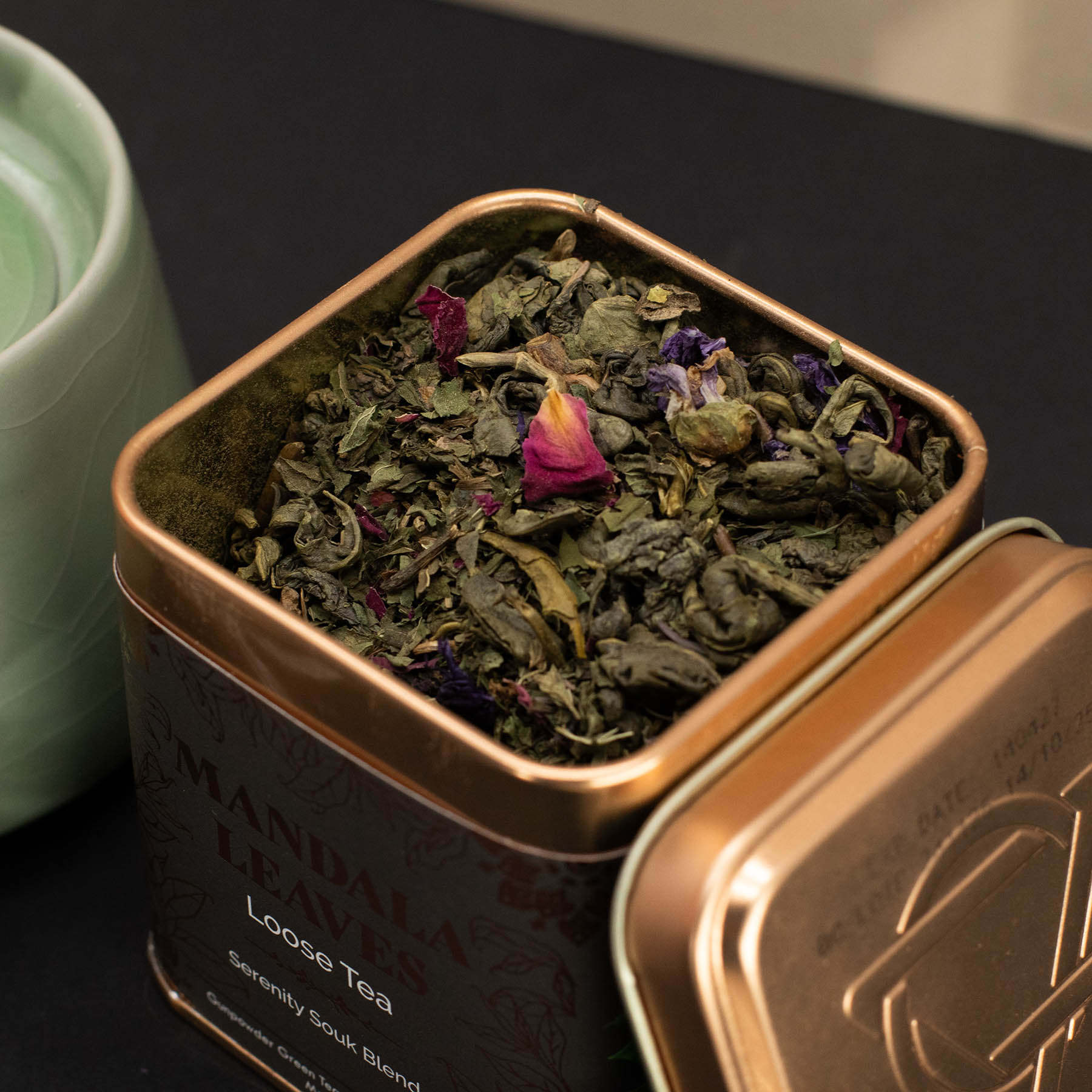 Mandala Leaves Serenity Souk Blend – Loose Leaf Green Tea with Mint, Rose & Mallow (50g Tin)3