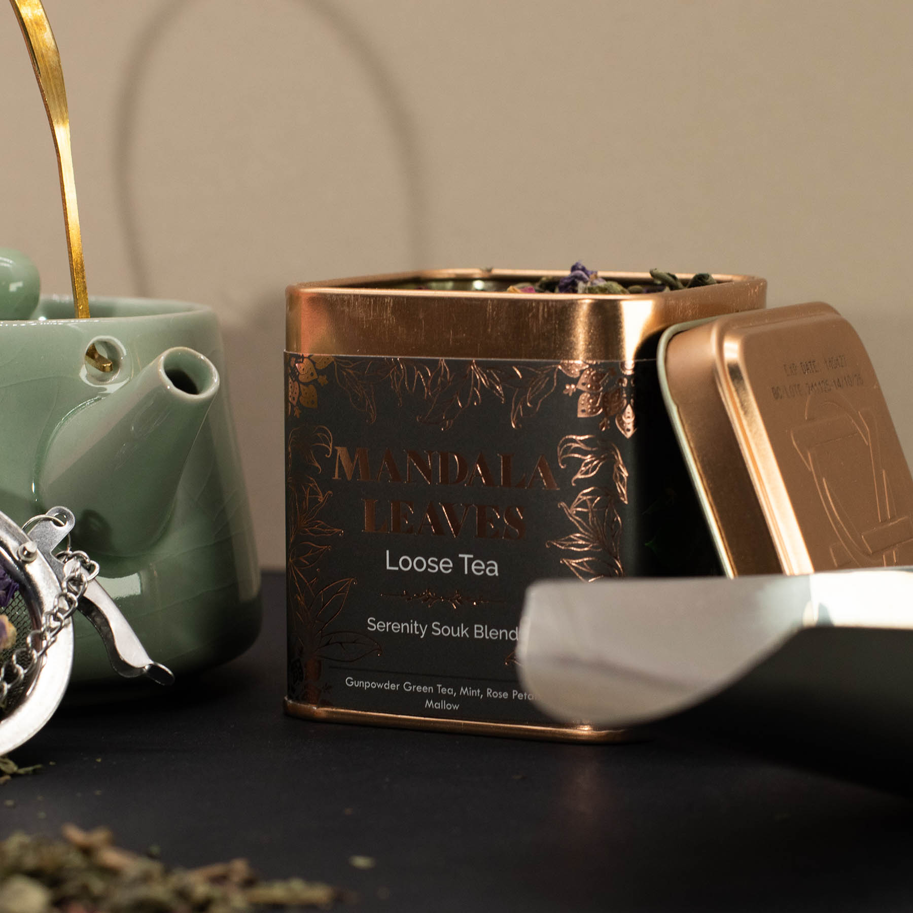 Mandala Leaves Serenity Souk Blend – Loose Leaf Green Tea with Mint, Rose & Mallow (50g Tin)4