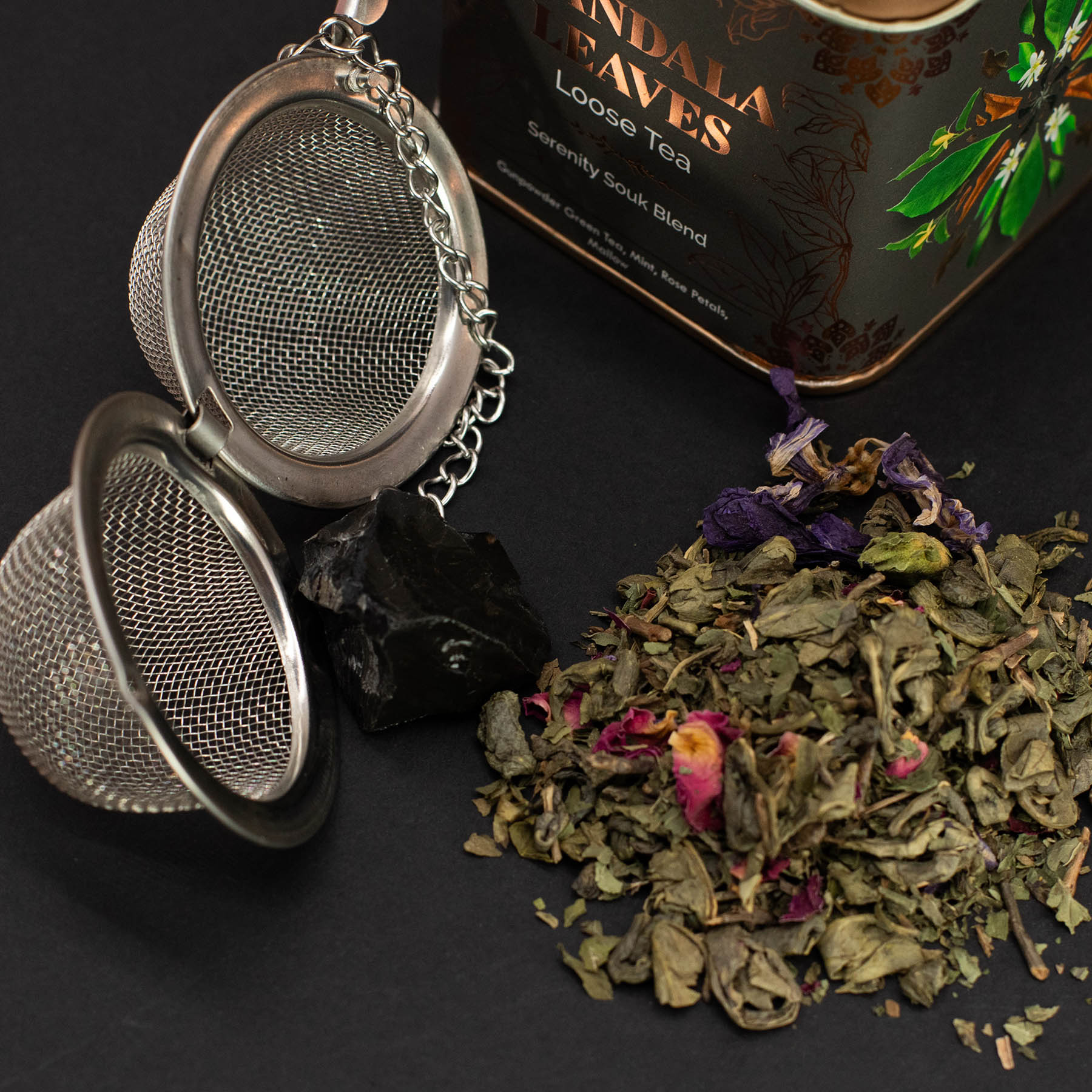 Mandala Leaves Serenity Souk Blend – Loose Leaf Green Tea with Mint, Rose & Mallow (50g Tin)5