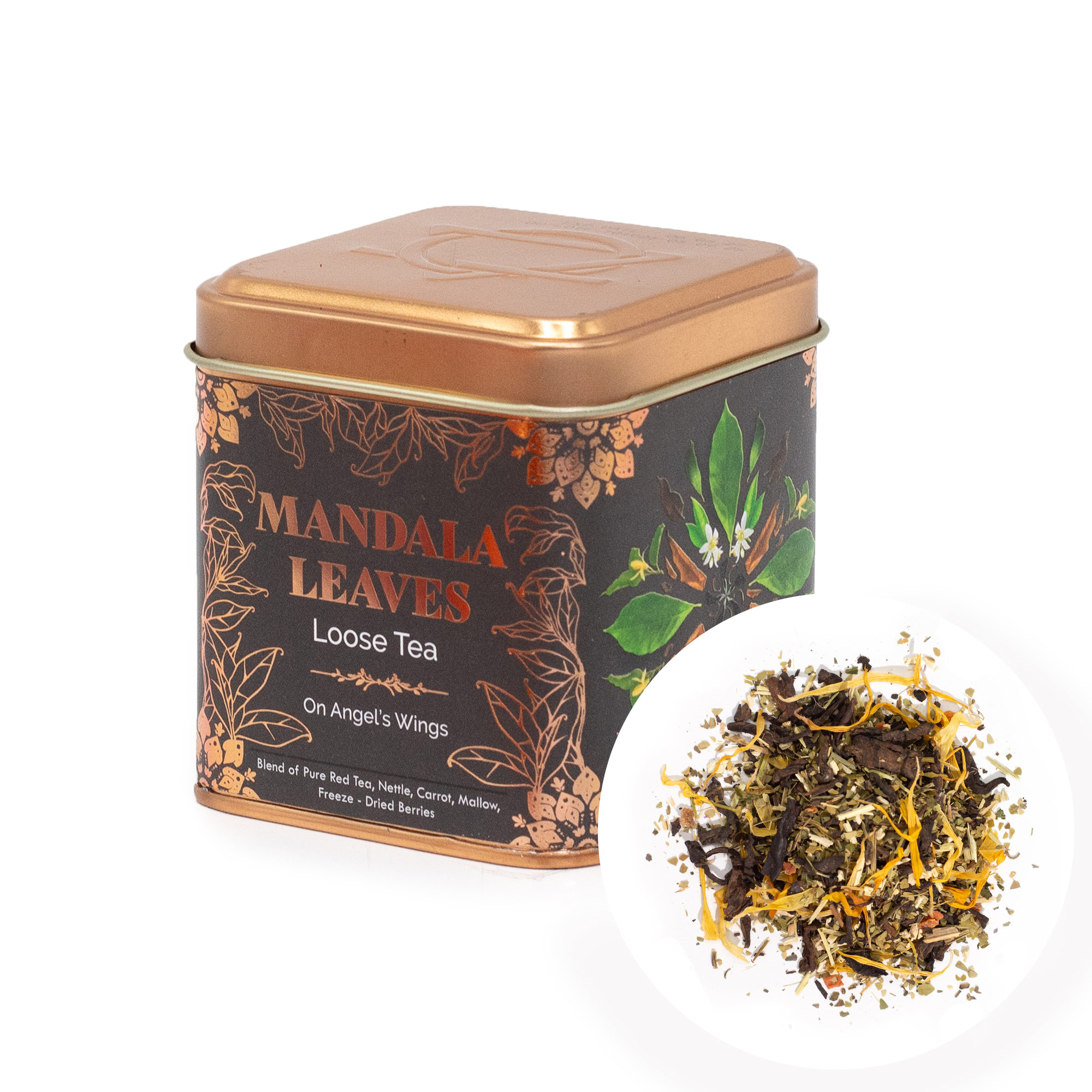 Mandala Leaves On Angel's Wings – Loose Leaf Rooibos & Nettle Herbal Tea Blend with Berries (50g Tin)