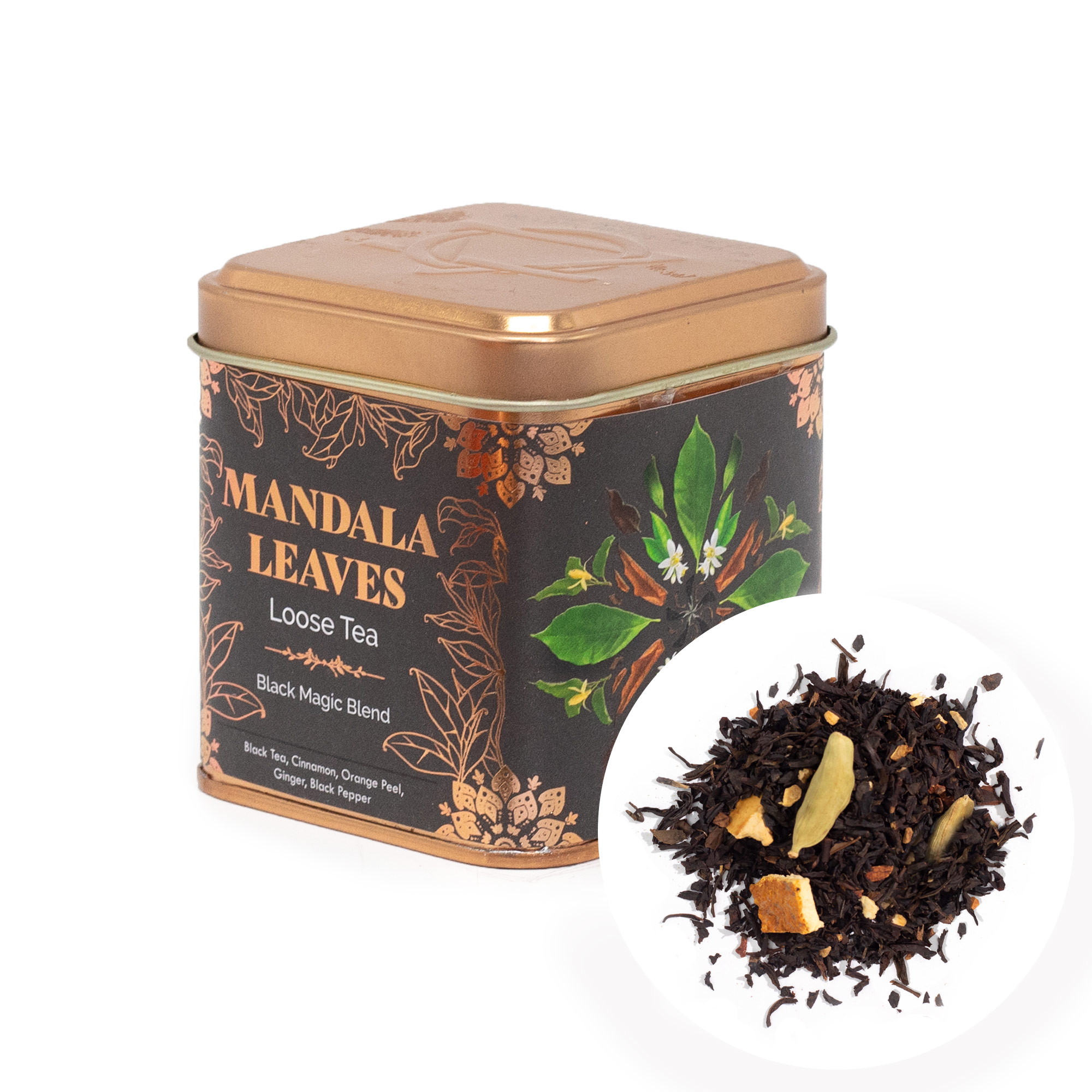 Mandala Leaves Black Magic Blend – Loose Leaf Spiced Black Tea with Cinnamon & Ginger (50g Tin)