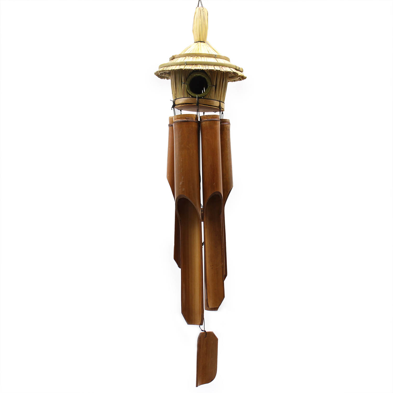 Large Round Seagrass Bird Box with Bamboo Wind Chimes – Balinese Garden Ornament (56x20cm)2