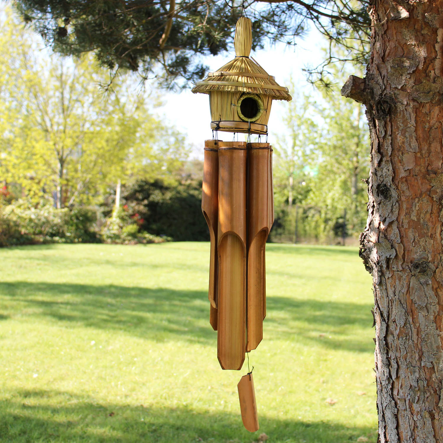 Large Round Seagrass Bird Box with Bamboo Wind Chimes – Balinese Garden Ornament (56x20cm)3