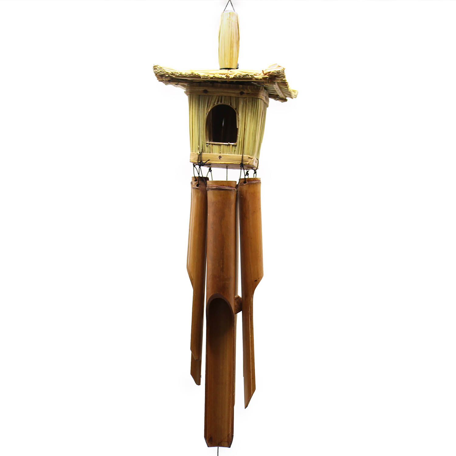 Square Seagrass Bird Box with Bamboo Wind Chimes – Balinese Garden Ornament (49x15cm)