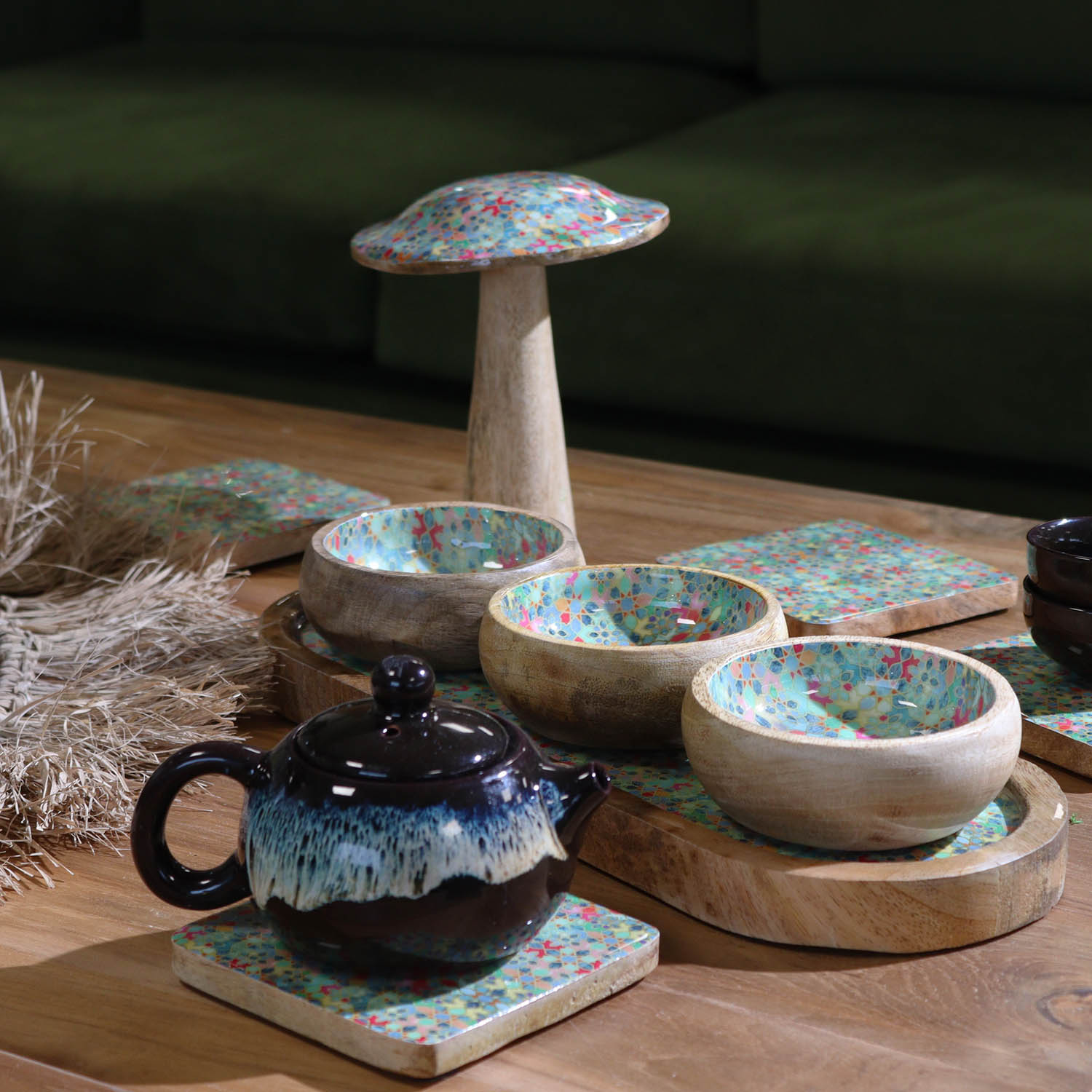 Mango Wood Tray with 3 Bowls - Blue Stripes4