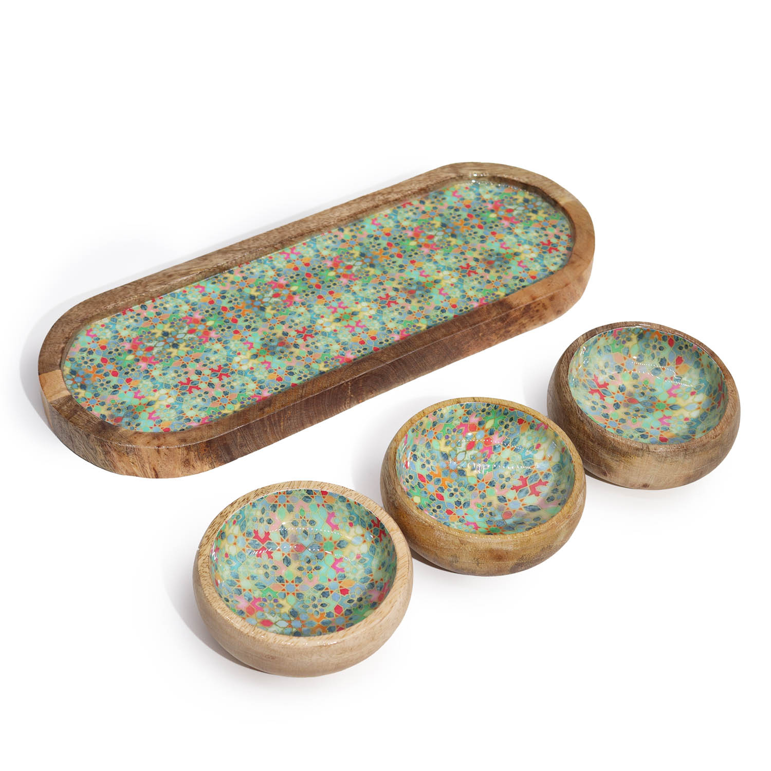 Mango Wood Tray with 3 Bowls - Mediterranean Tile Pattern1