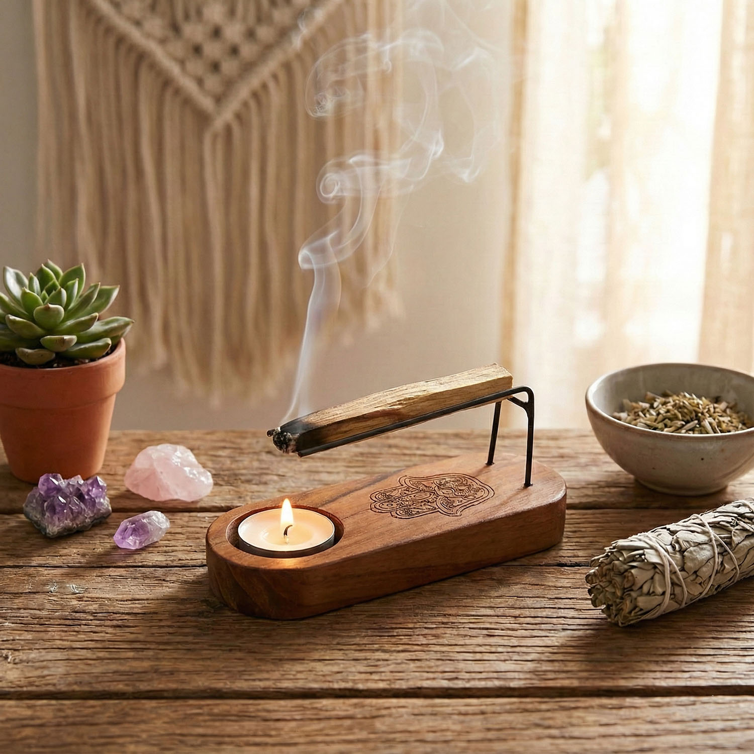 Small Teak Wood Palo Santo Heater - Hamsa Design1