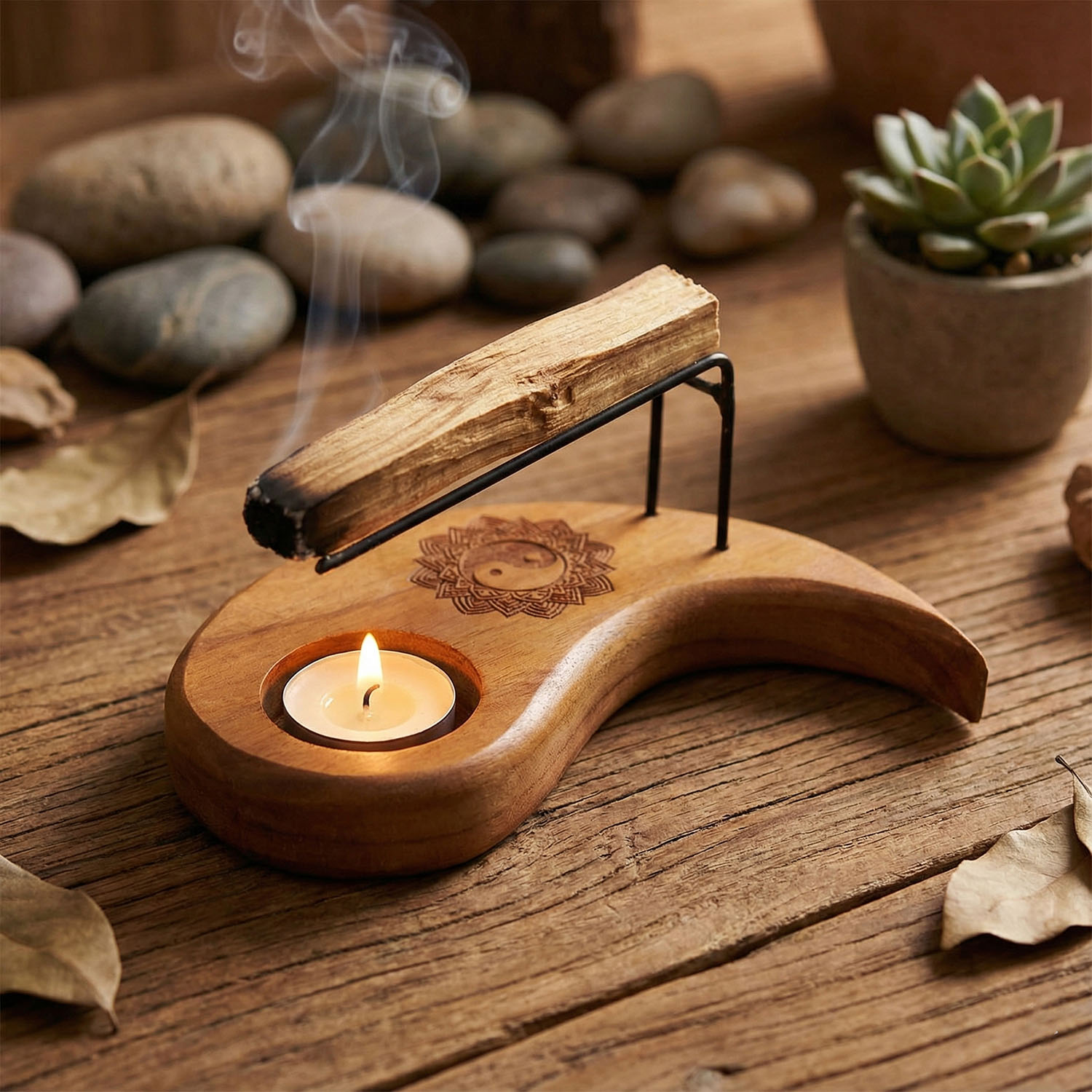 Tear Drop Teak Wood Palo Santo Heater - Yin & Yang Design1