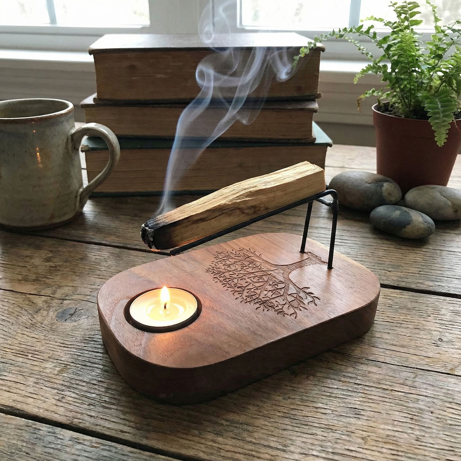 Teak Wood Palo Santo Heater - Tree of Life Design1