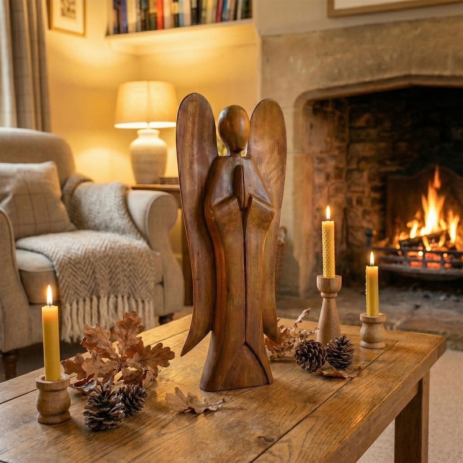 Hand Carved Natural Acacia Wood Angel Statue - 50cm1