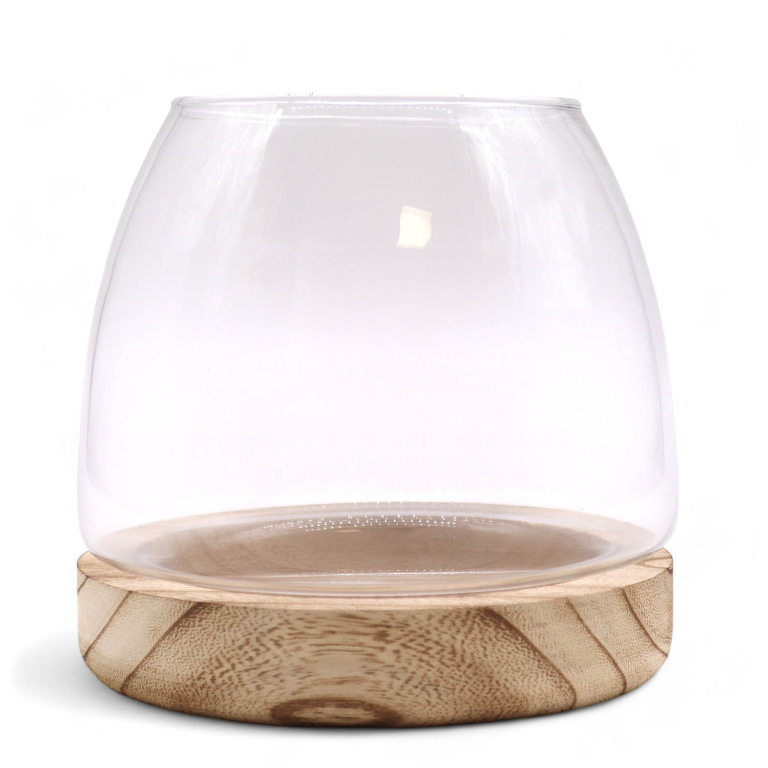 Medium Glass Terrarium & Vase on Natural Tung Wood Base - 15cm1