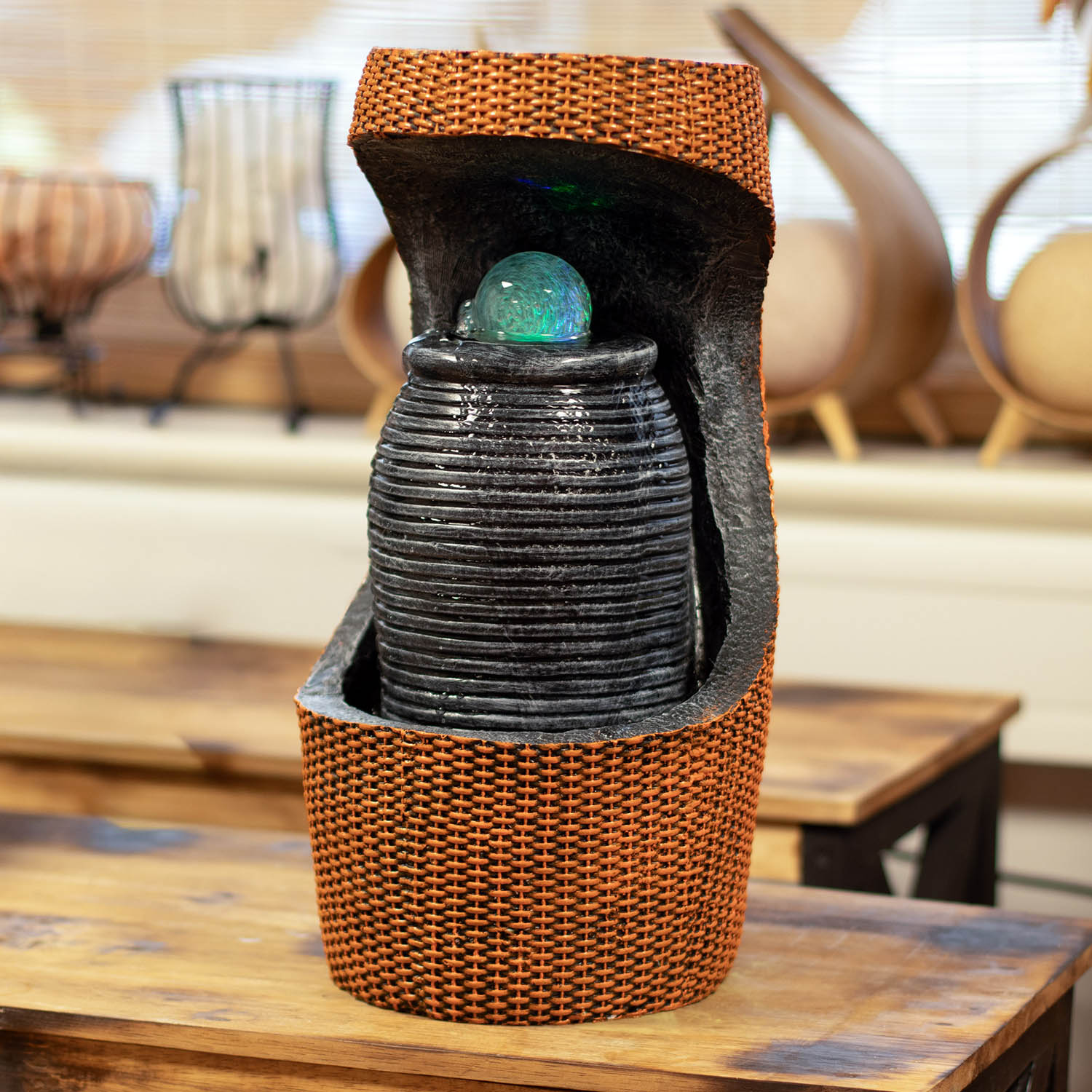 Grand Greek Urn Water Feature with Woven Effect & Colour Changing LED Crystal Ball (48cm)3