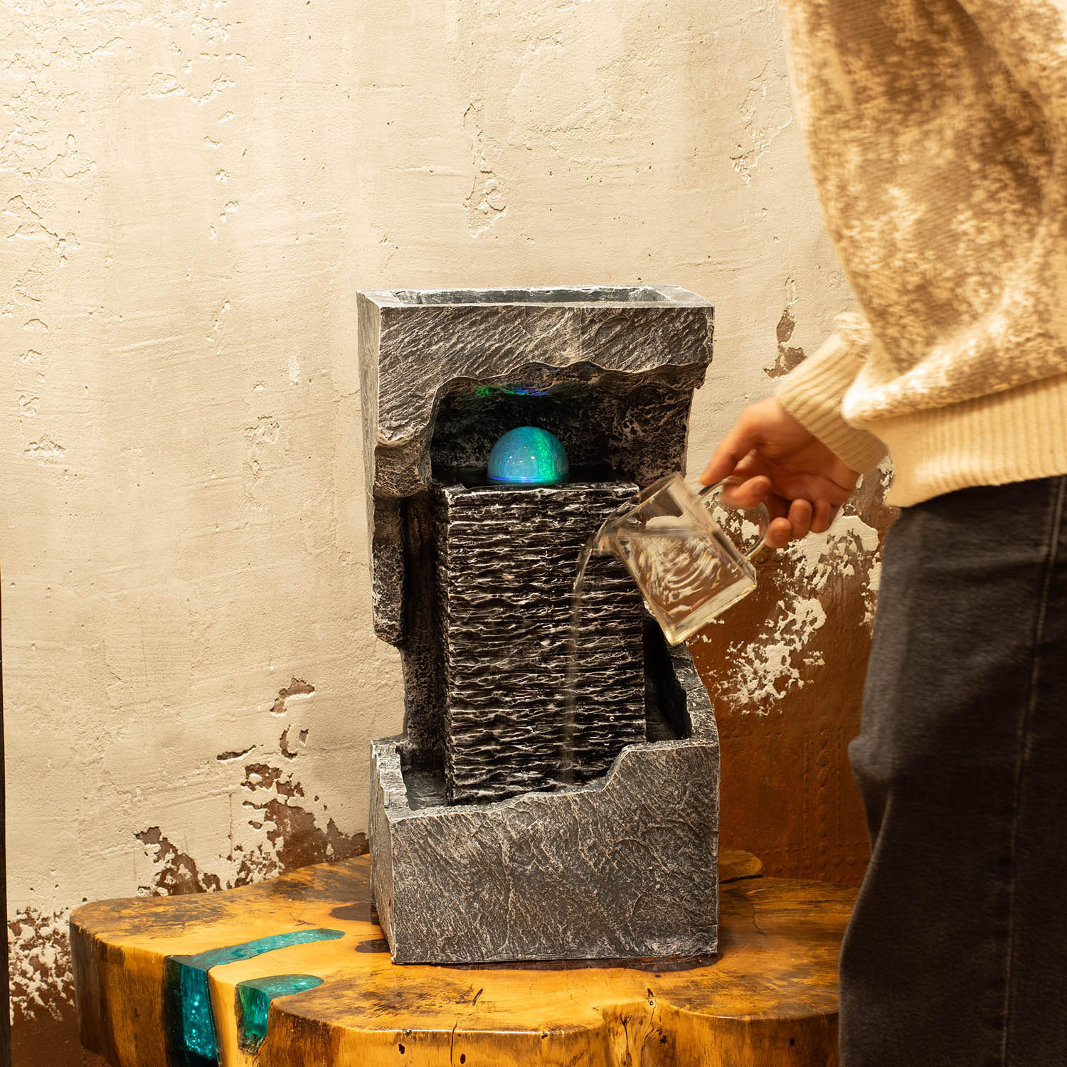 Grand Rock Column Water Feature with Colour Changing LED Crystal Ball (48cm)5