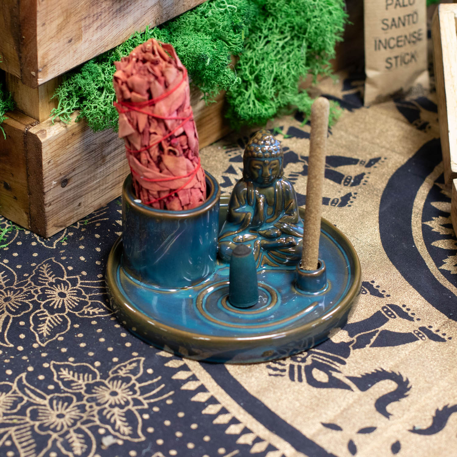 Ceramic Blue Multi-Purpose Buddha Incense Plate & Holder3