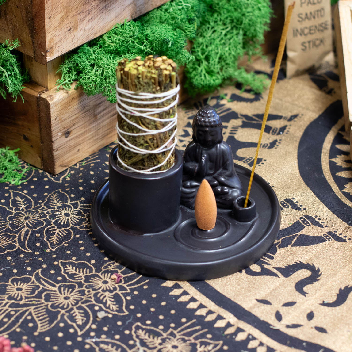 Ceramic Matt Black Multi-Purpose Buddha Incense Plate & Holder3