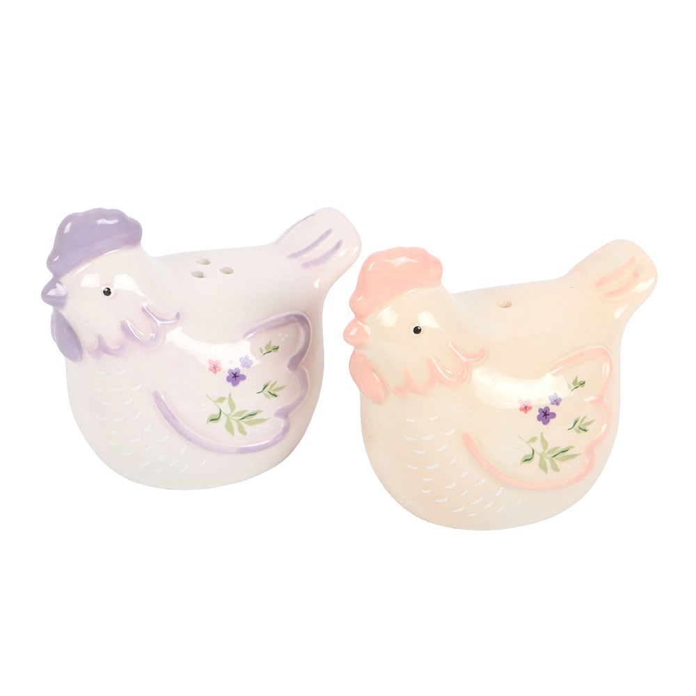 Ceramic Hen Shaped Salt and Pepper Shakers - Pastel Floral Design1