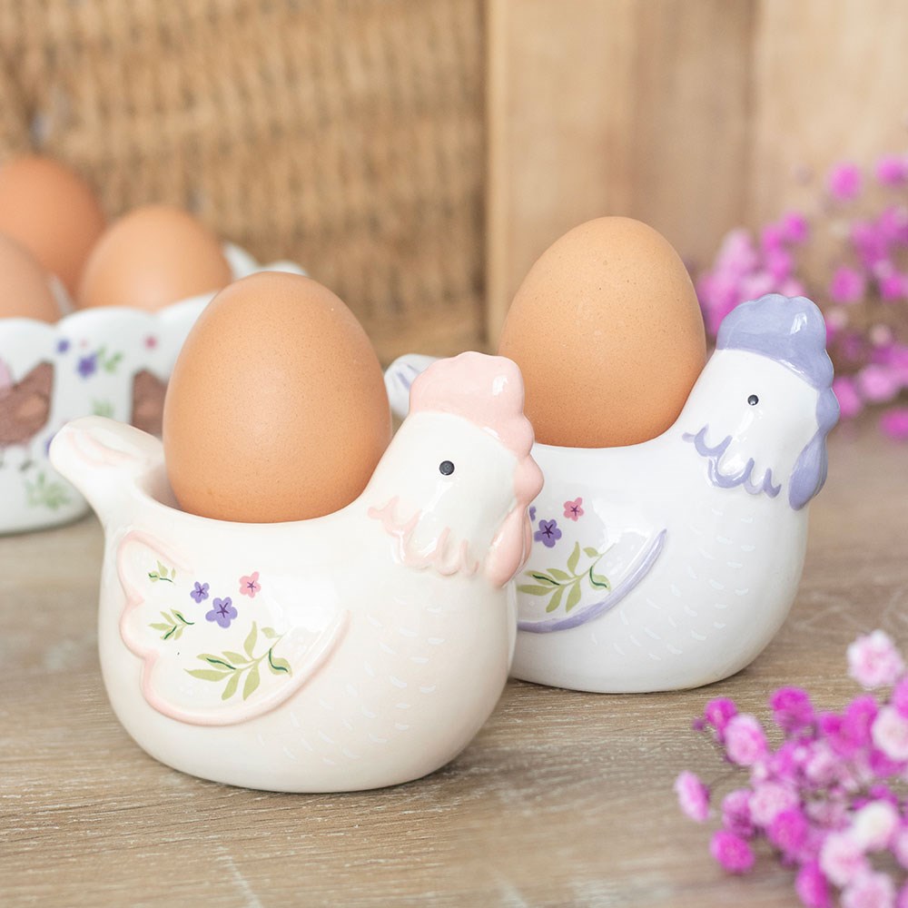 Ceramic Hen Shaped Egg Cups - Set of 2 Pastel Floral