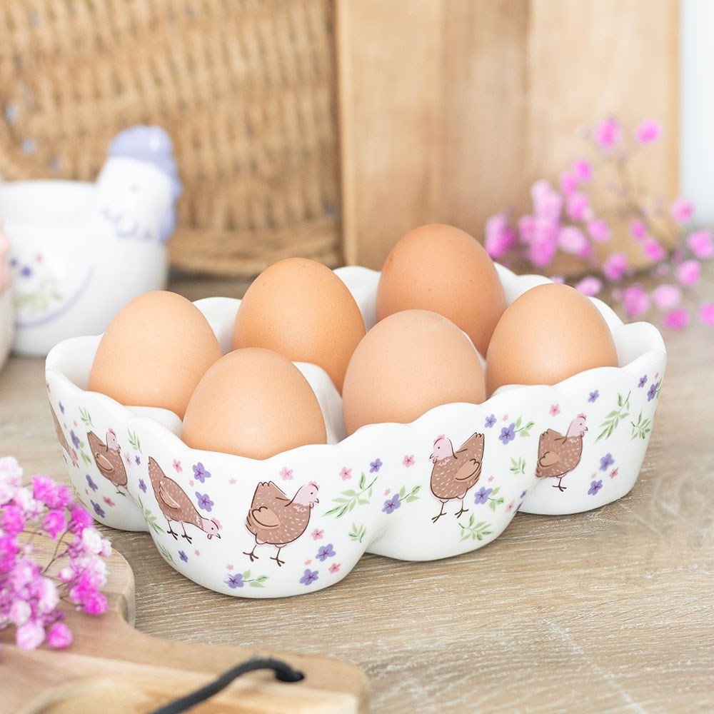 Ceramic Floral Hen 6-Egg Holder Tray