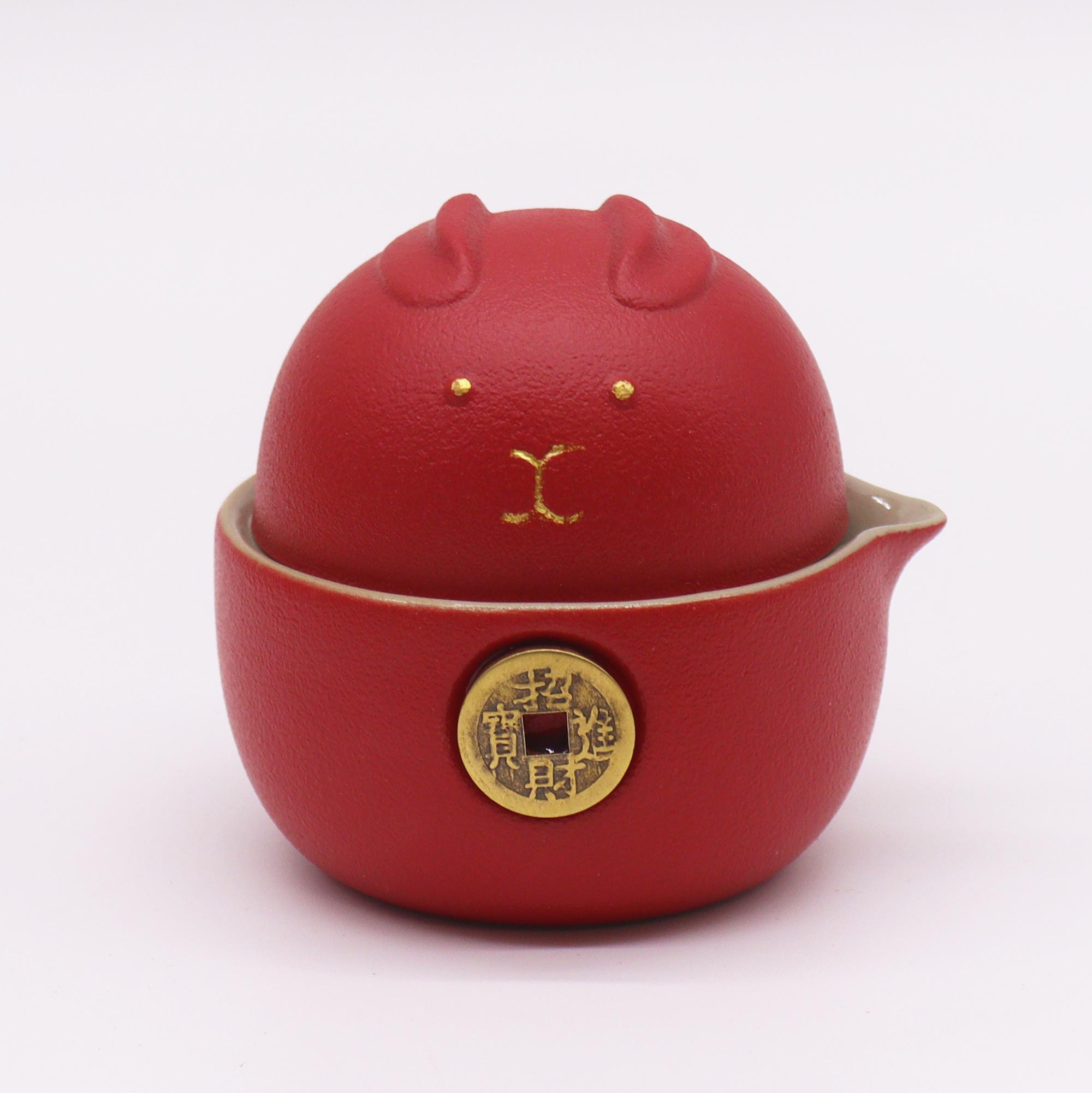 Red Money Cat Travel Tea Set – Ceramic Teapot, Two Cups & Case1
