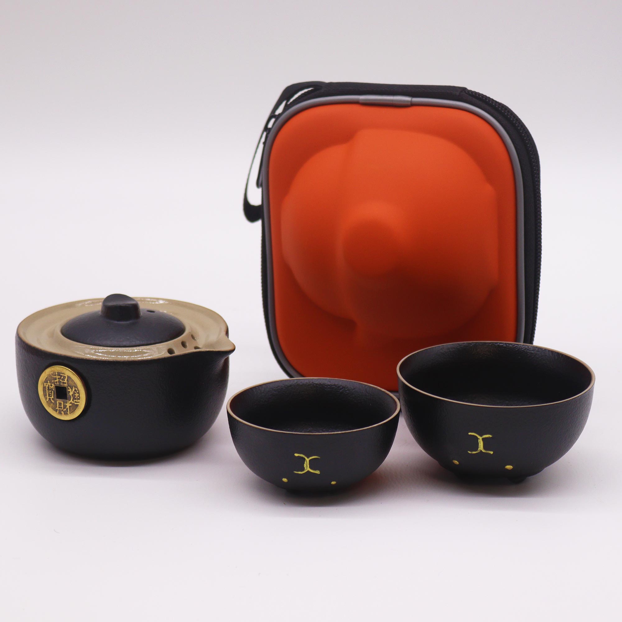 Black Money Cat Travel Tea Set – Ceramic Teapot, Two Cups & Case