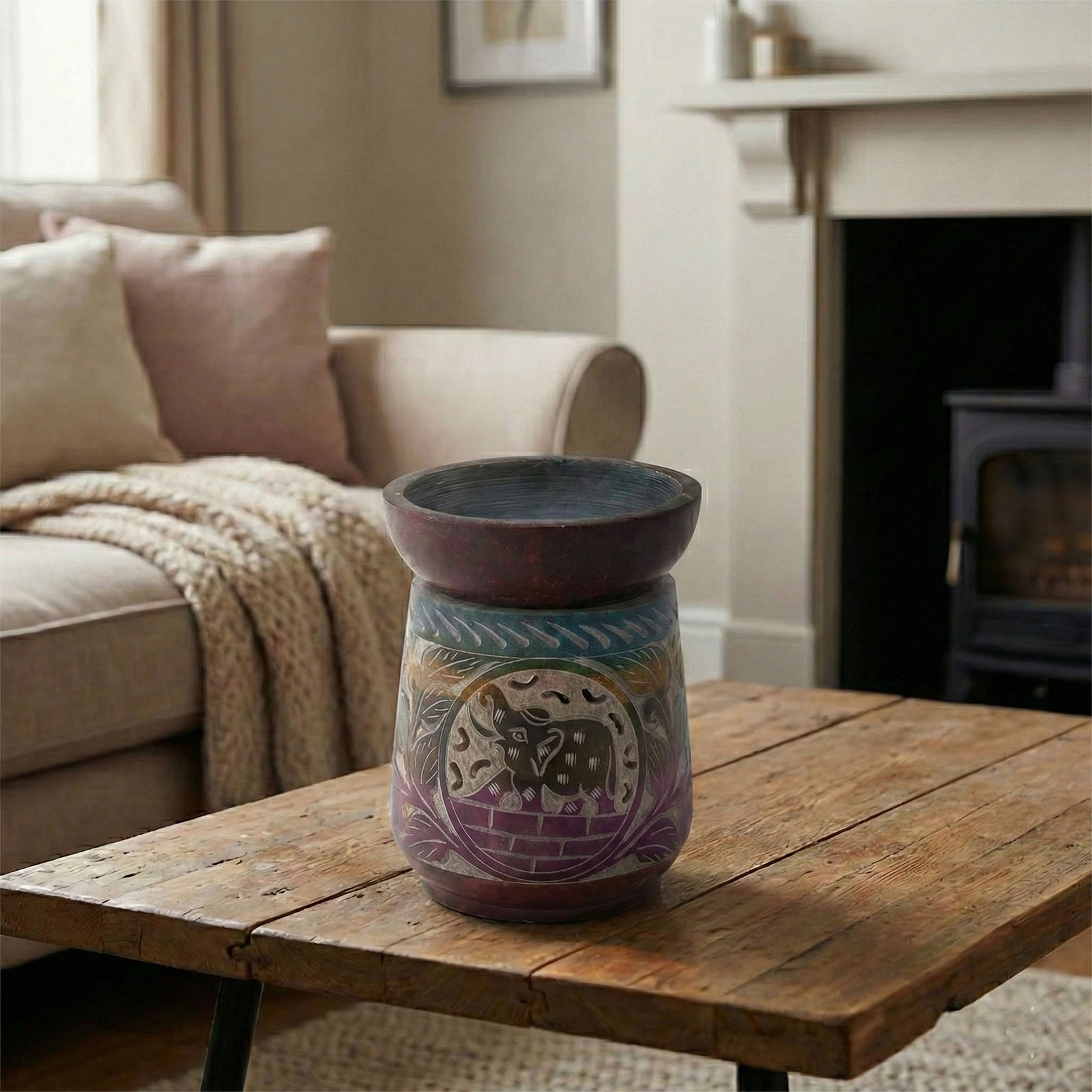 Large Hand-Carved Soapstone Oil Burner - Elephant Design (13cm)3