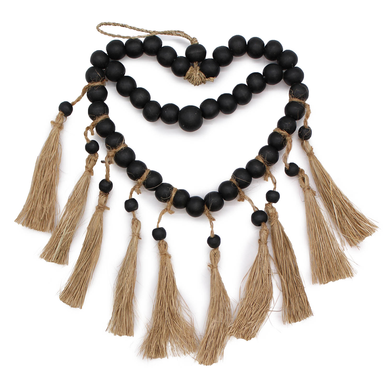 Boho Black Bead Heart Wall Hanging with Raffia Tassels - 27x20cm
