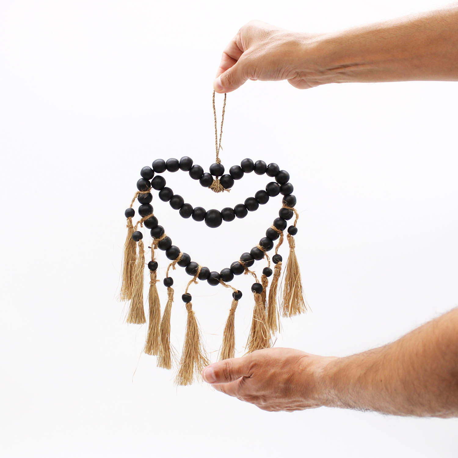 Boho Black Bead Heart Wall Hanging with Raffia Tassels - 27x20cm2