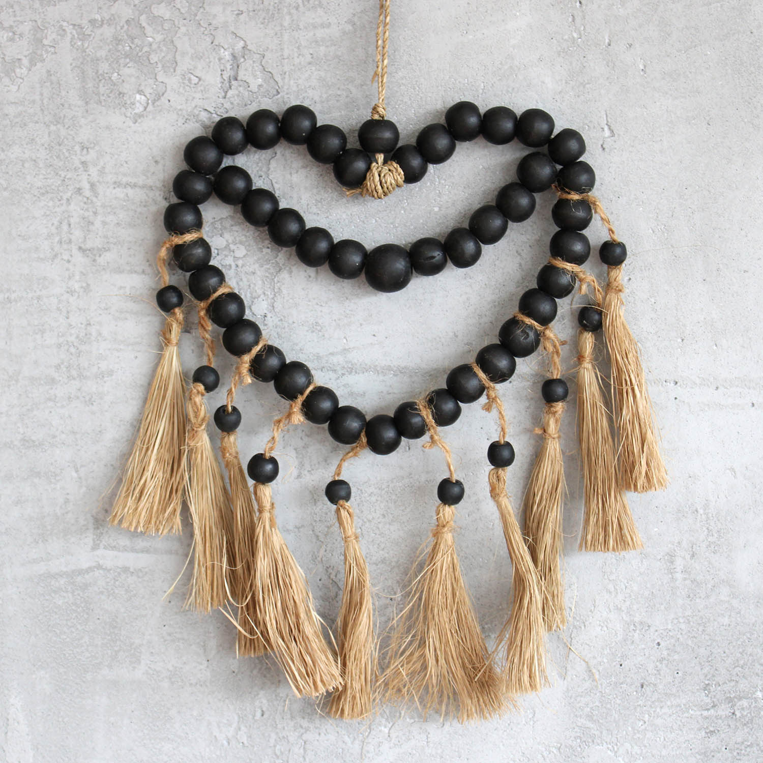 Boho Black Bead Heart Wall Hanging with Raffia Tassels - 27x20cm3