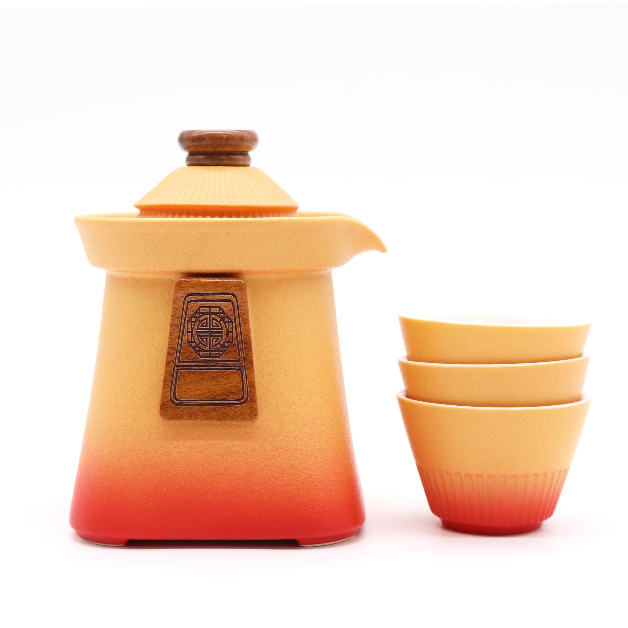 Temple Ceramic Travel Teapot Set with 3 Cups & Case - Orange Earth