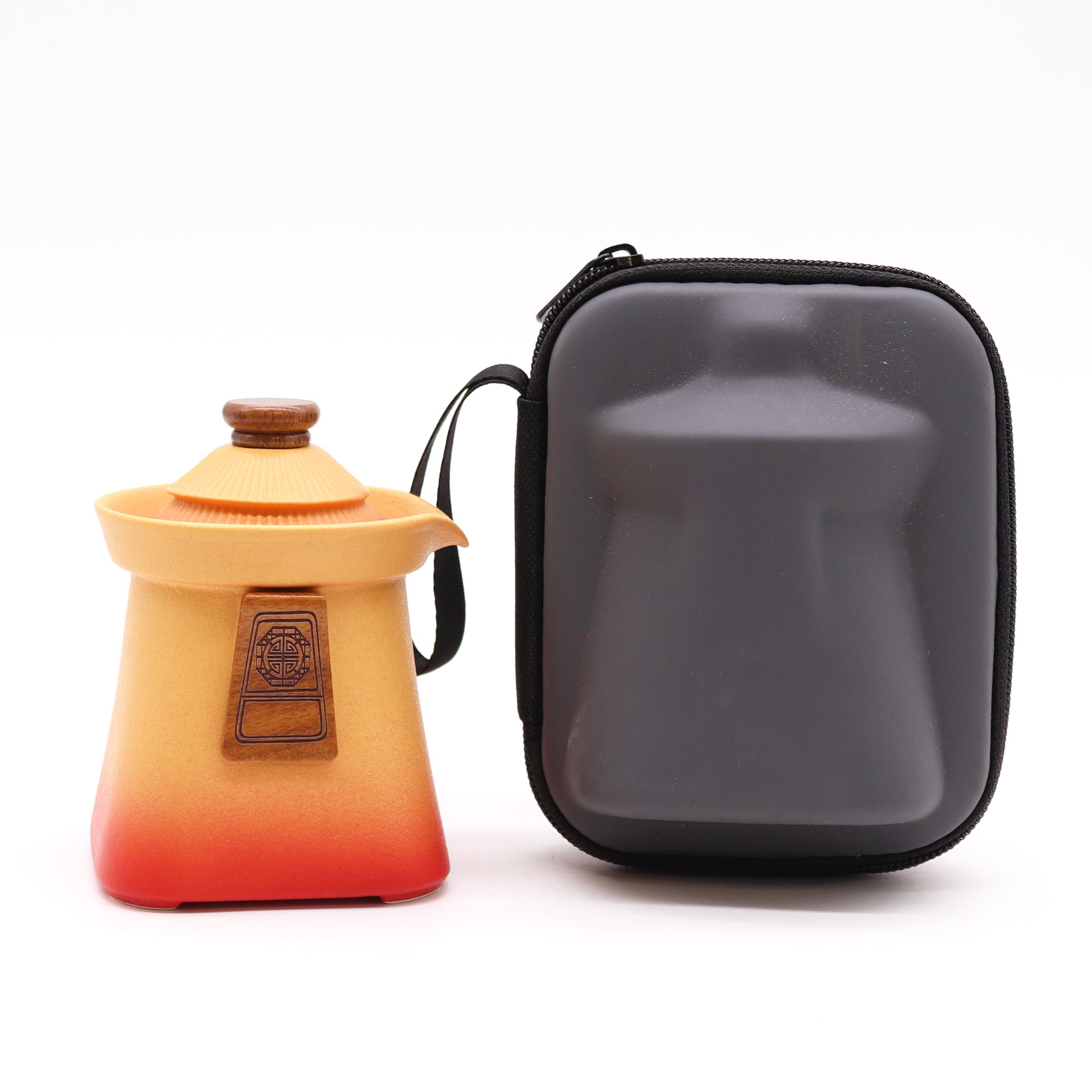 Temple Ceramic Travel Teapot Set with 3 Cups & Case - Orange Earth3