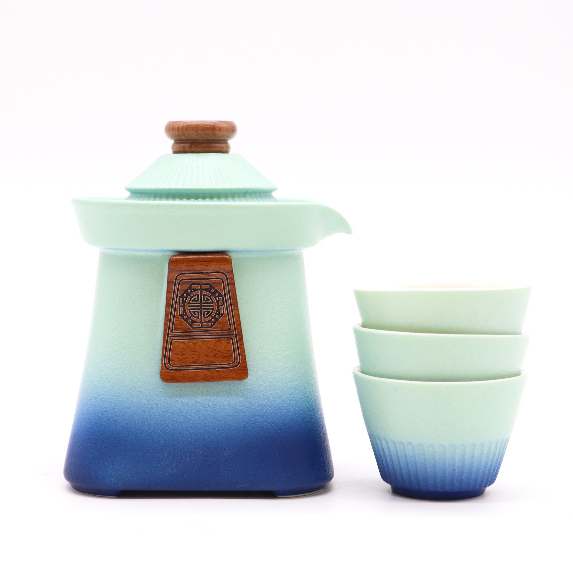 Temple Ceramic Travel Teapot Set with 3 Cups & Case - Blue Heaven