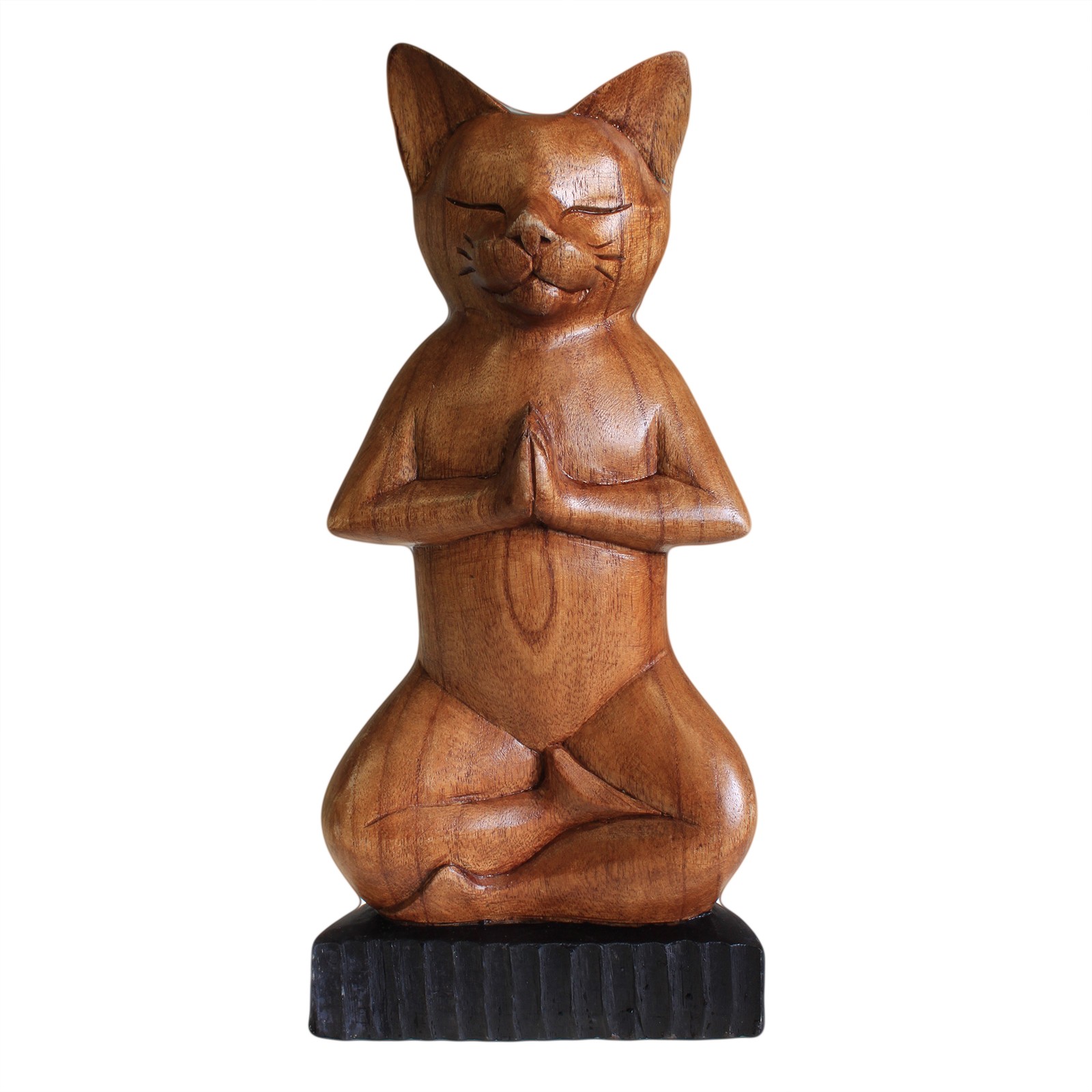 Handcarved Suar Wood Yoga Cat Statue - Lotus Pose