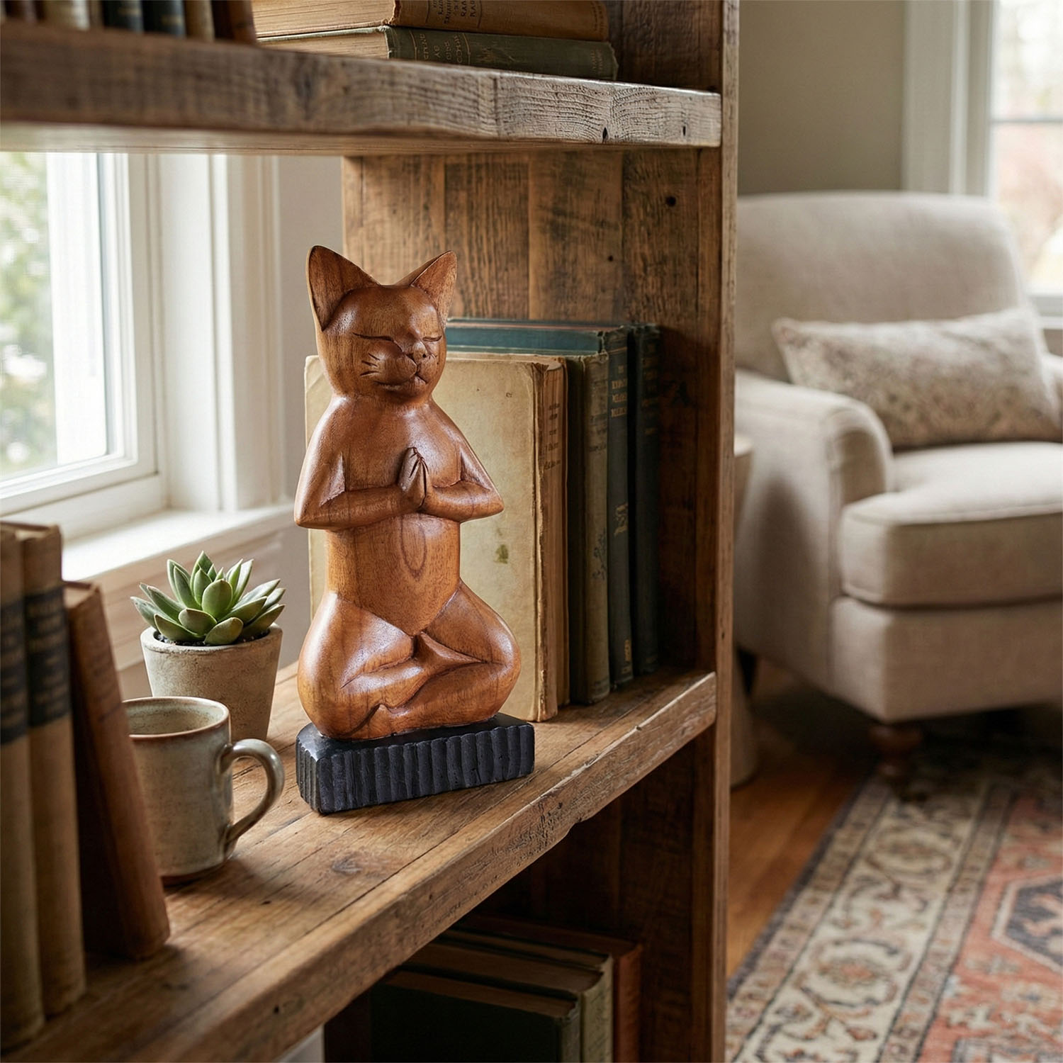 Handcarved Suar Wood Yoga Cat Statue - Lotus Pose1