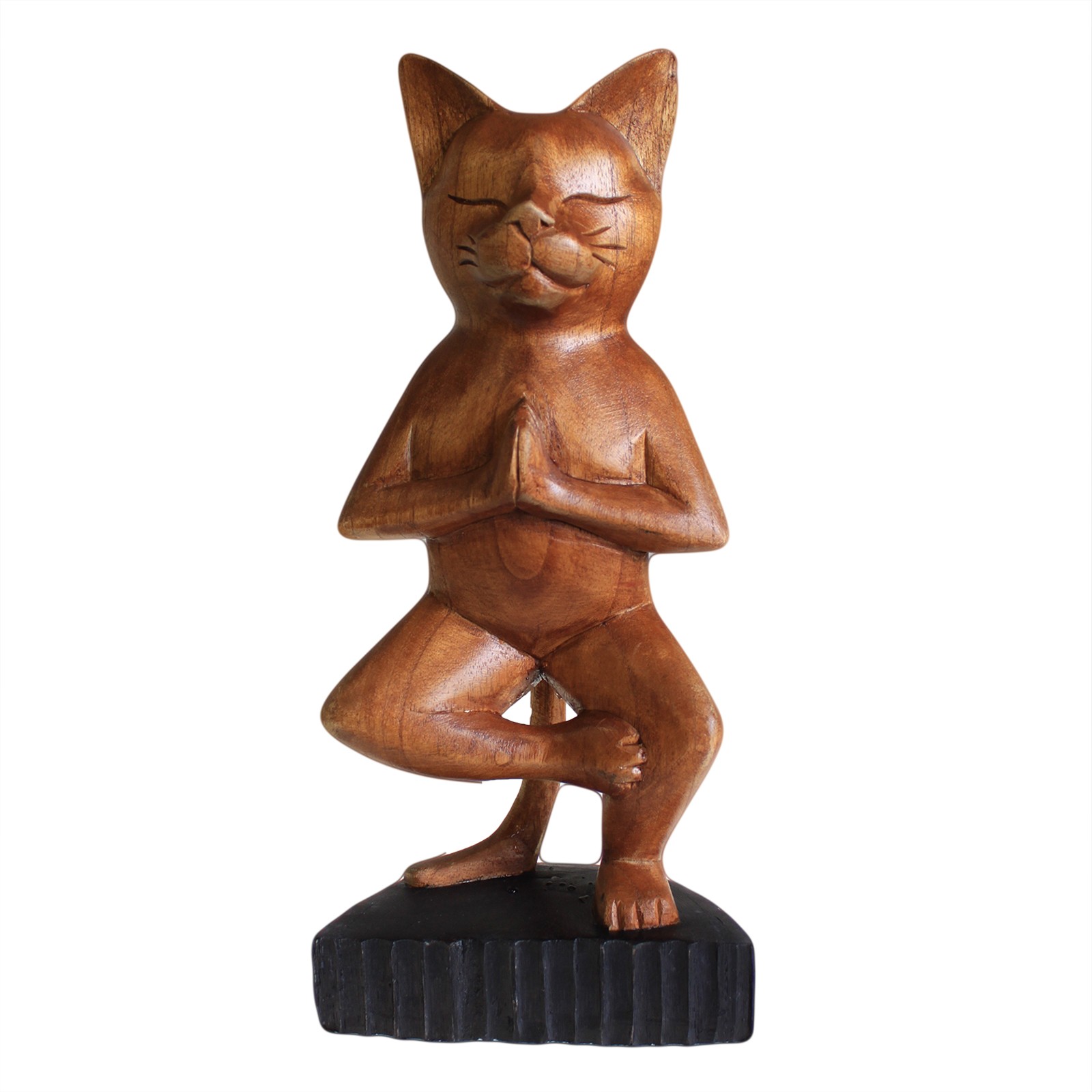 Handcarved Suar Wood Yoga Cat Statue - One Leg Pose