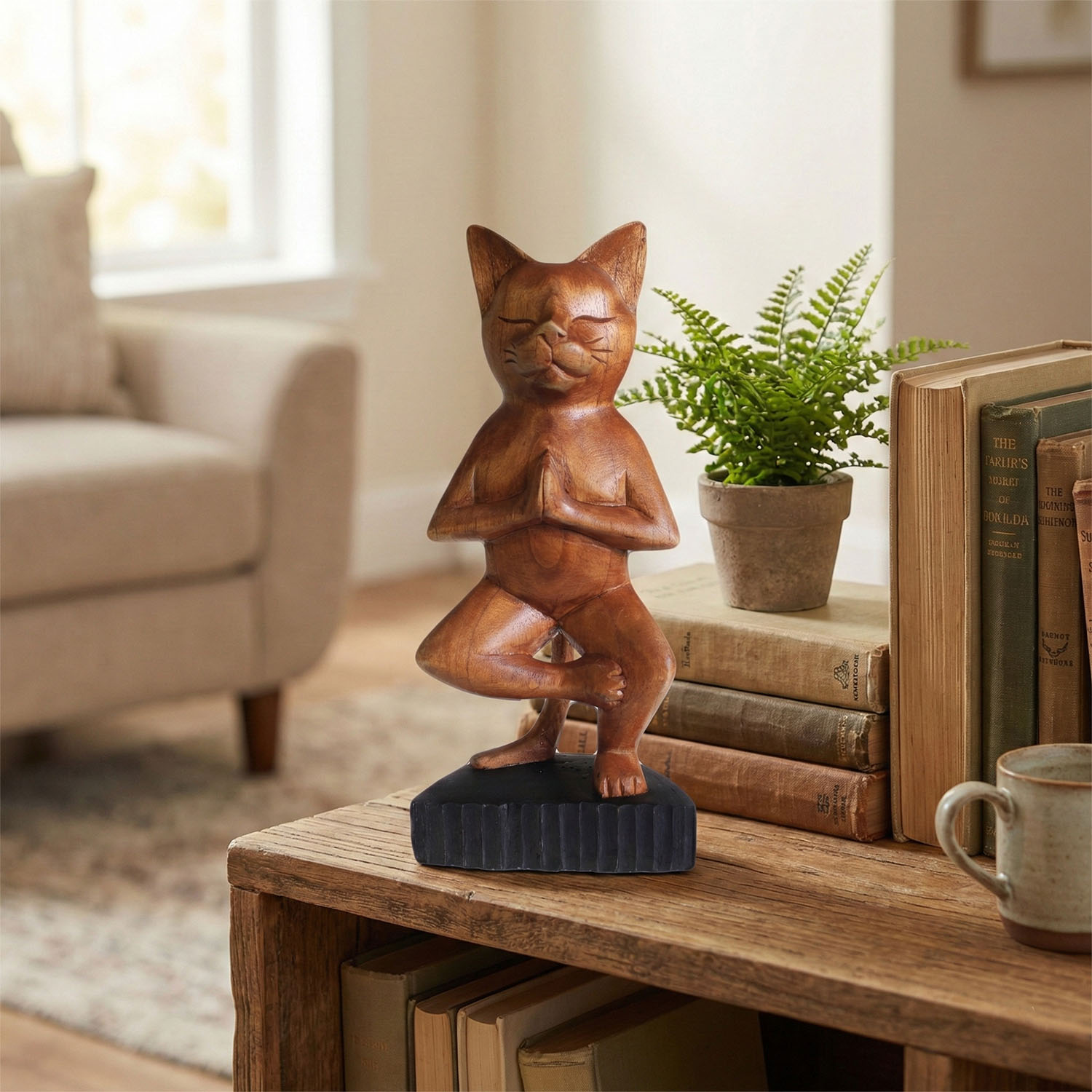 Handcarved Suar Wood Yoga Cat Statue - One Leg Pose1