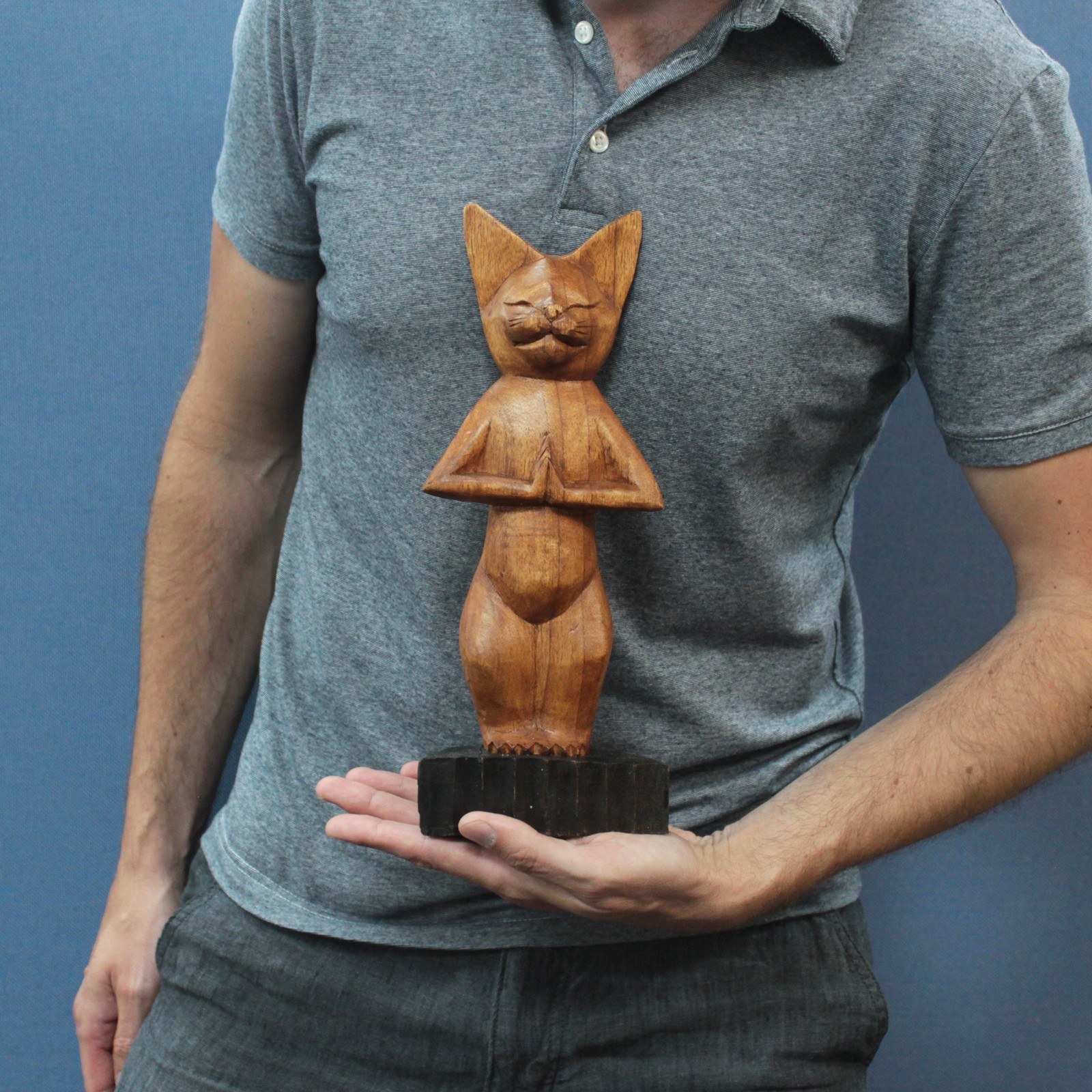 Handcarved Suar Wood Yoga Cat Statue - Standing Pose2