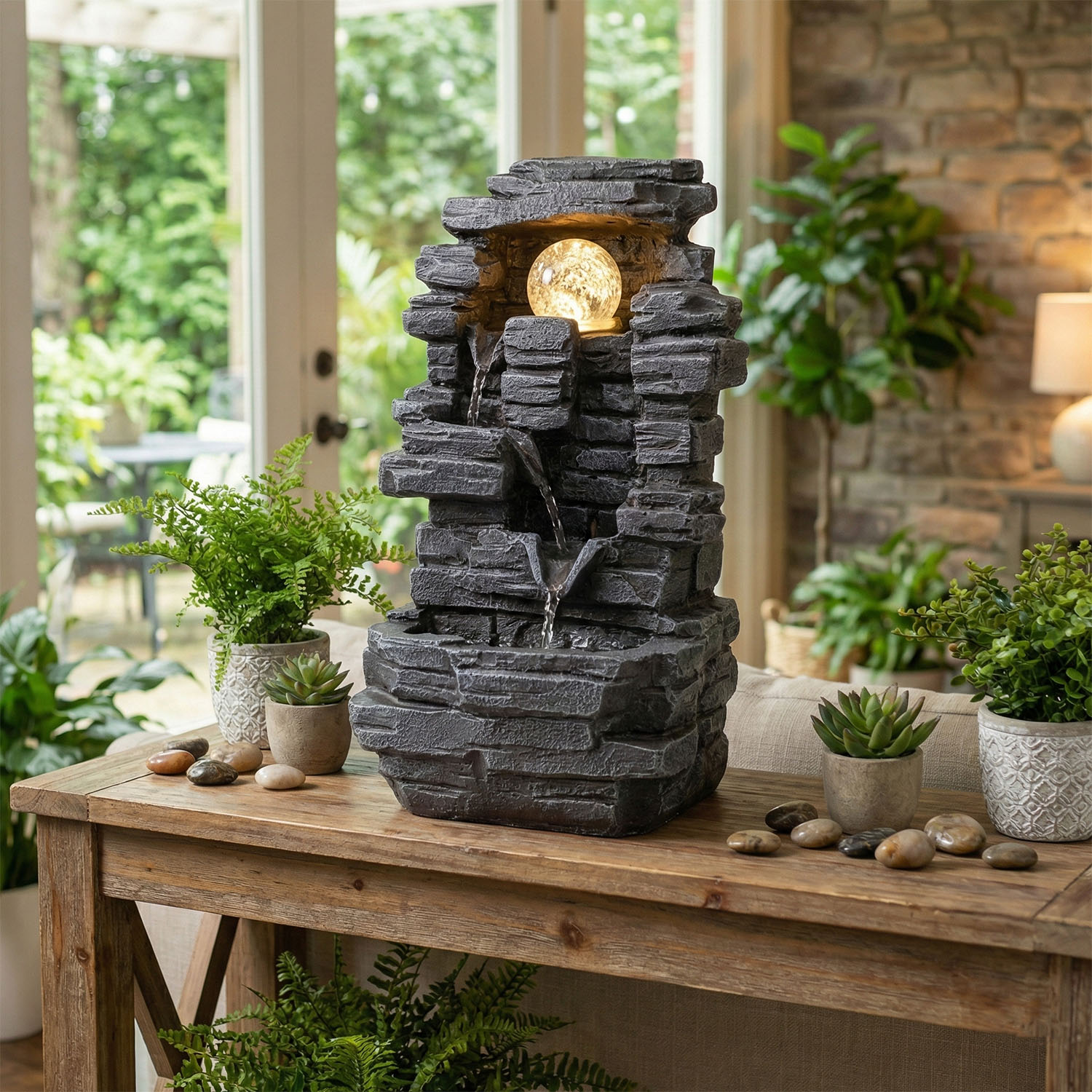35cm Tiered Rock Tabletop Water Feature with Crystal Ball1