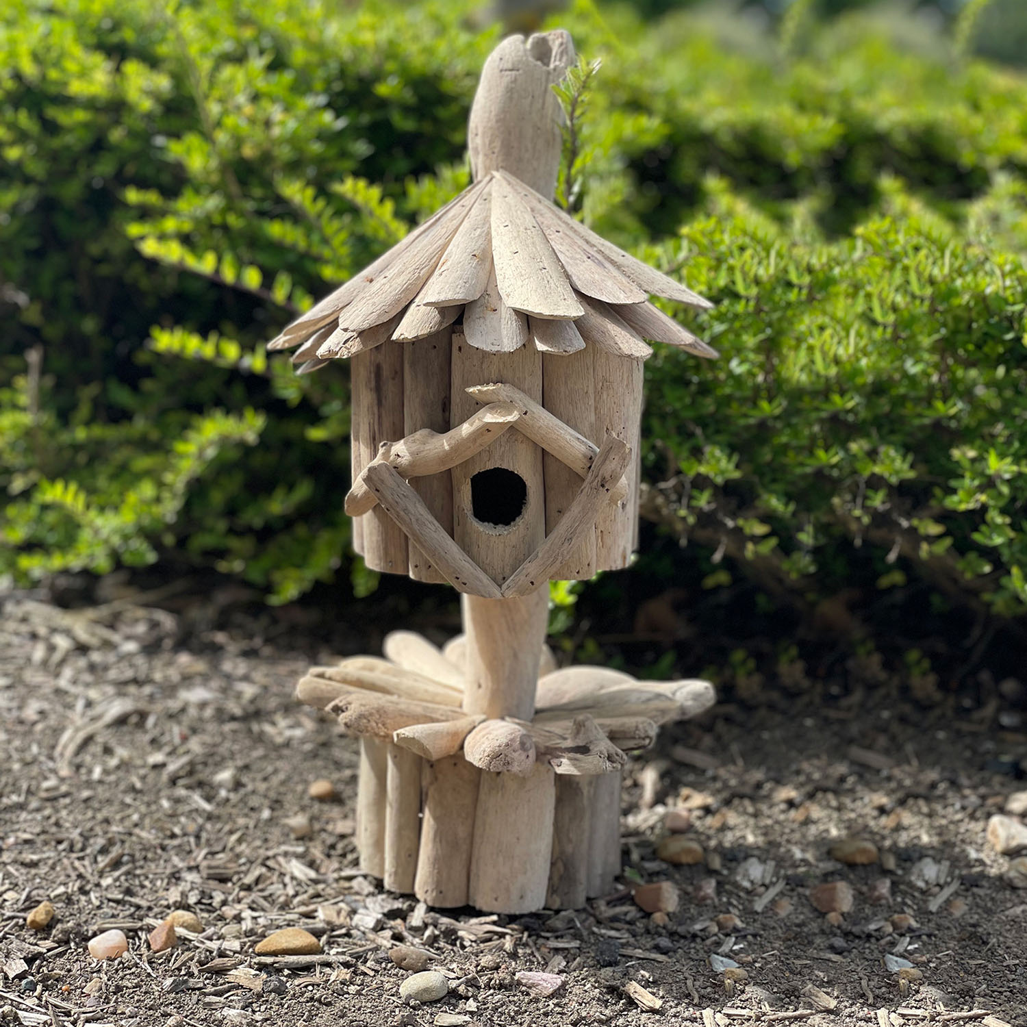 Handmade Driftwood Birdbox on Stand - Eco-Friendly Garden Ornament3