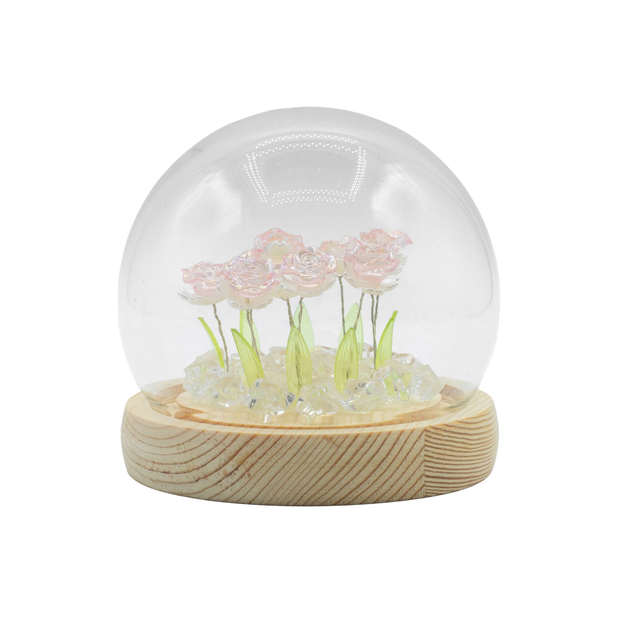 Floral Glow Garden Dome - 10 Pink LED Roses - USB Powered Glass Night Light