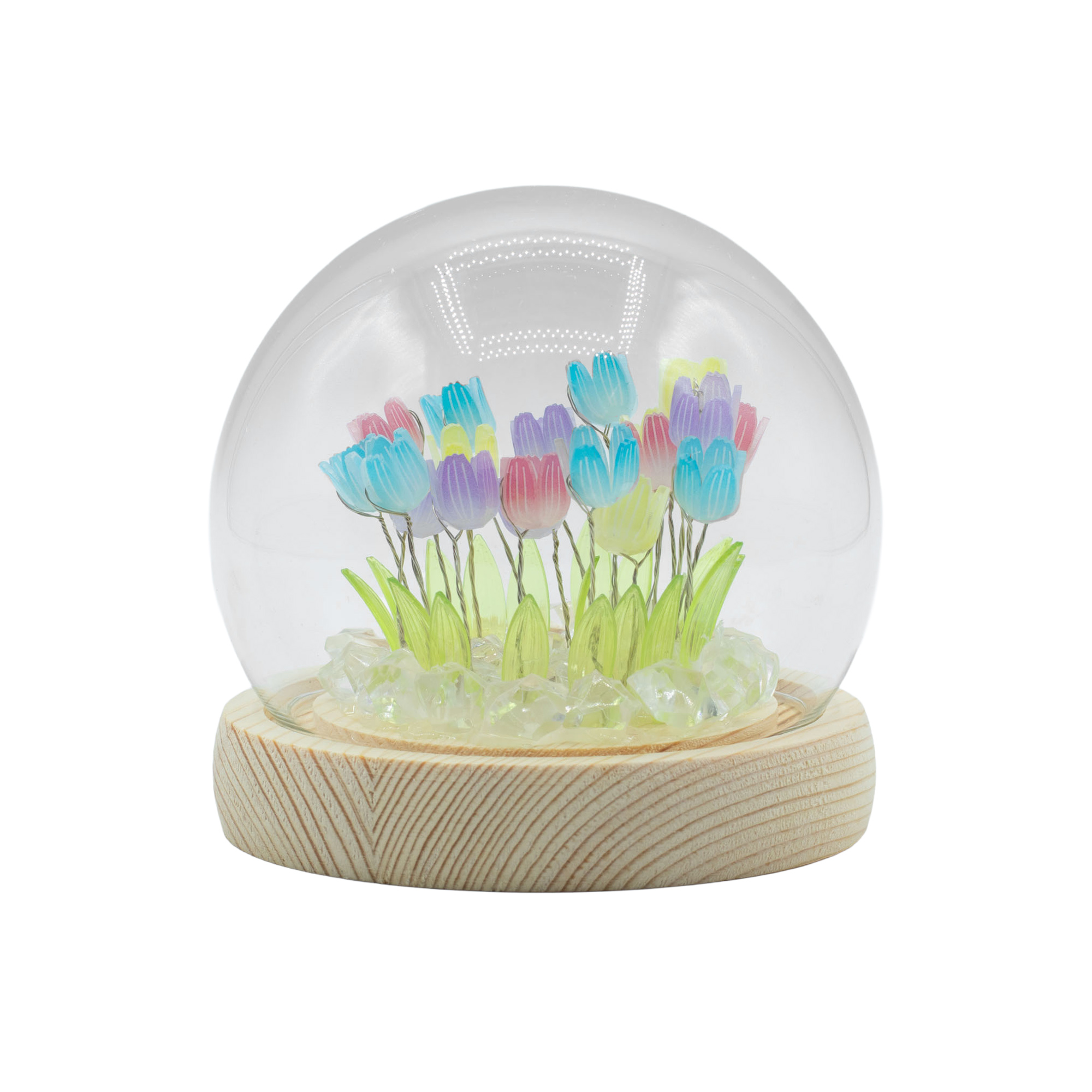 Floral Glow Garden Dome - 20 Multi-Coloured LED Tulips - USB Powered Glass Night Light